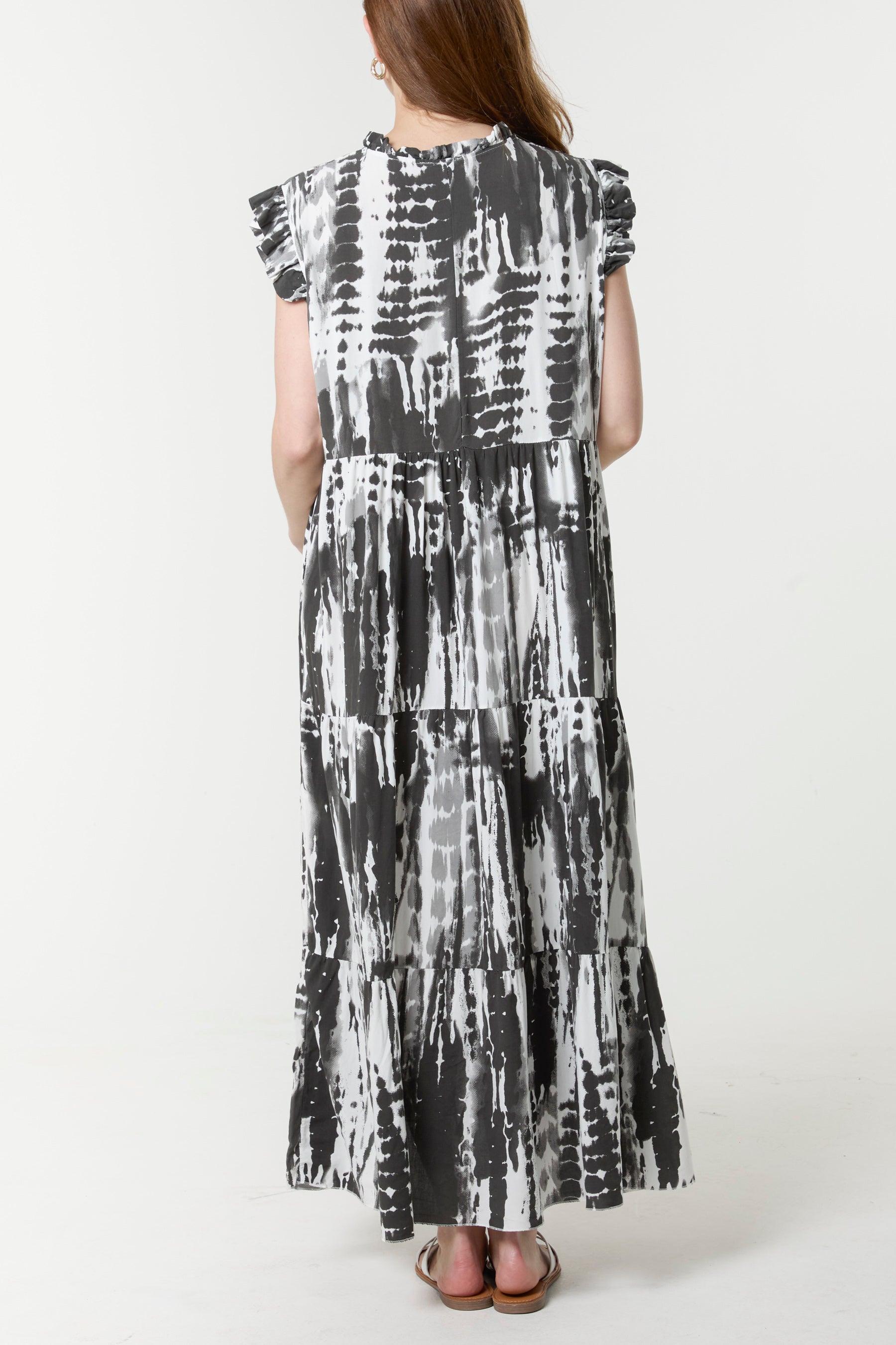 Abstract Frill Sleeve Tiered Dress