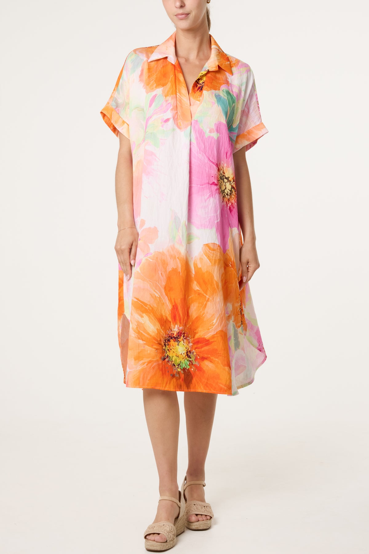 V-Neck Collar Bright Floral Dress