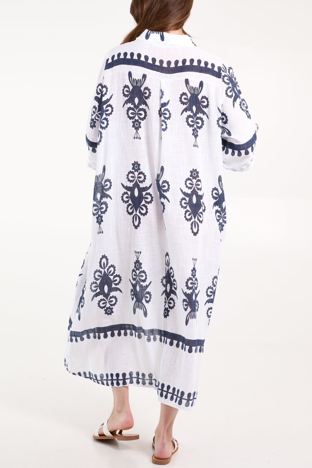 Cotton Printed Pockets Shirt Maxi Dress