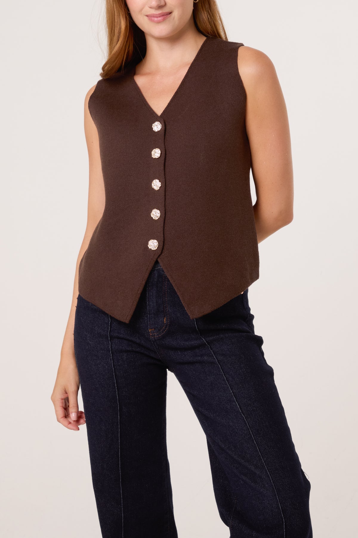 Gold Flower Button Knitted Waistcoat