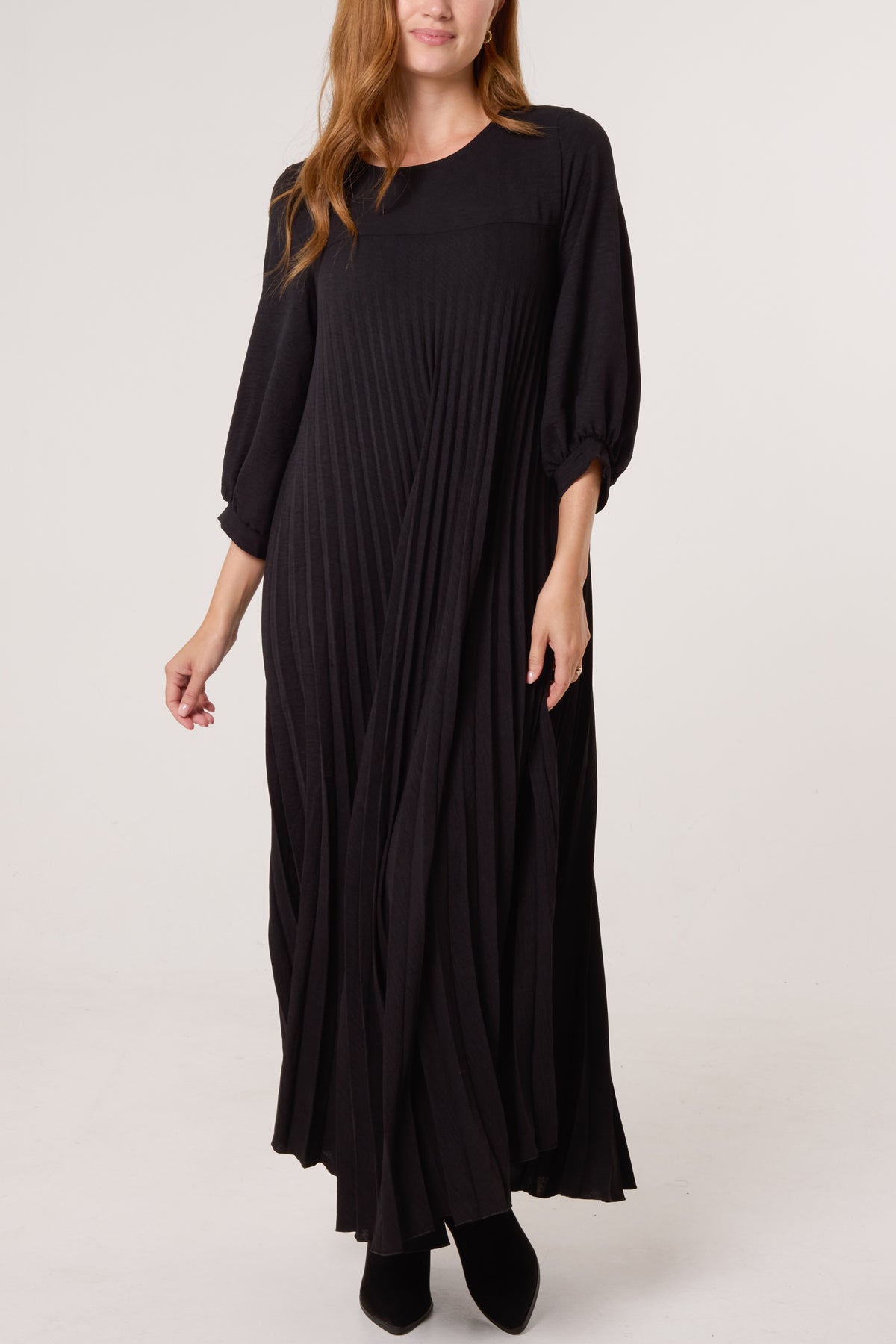 Long Sleeve Pockets Pleated Maxi Dress