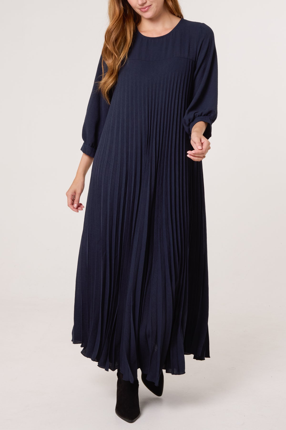 Long Sleeve Pockets Pleated Maxi Dress