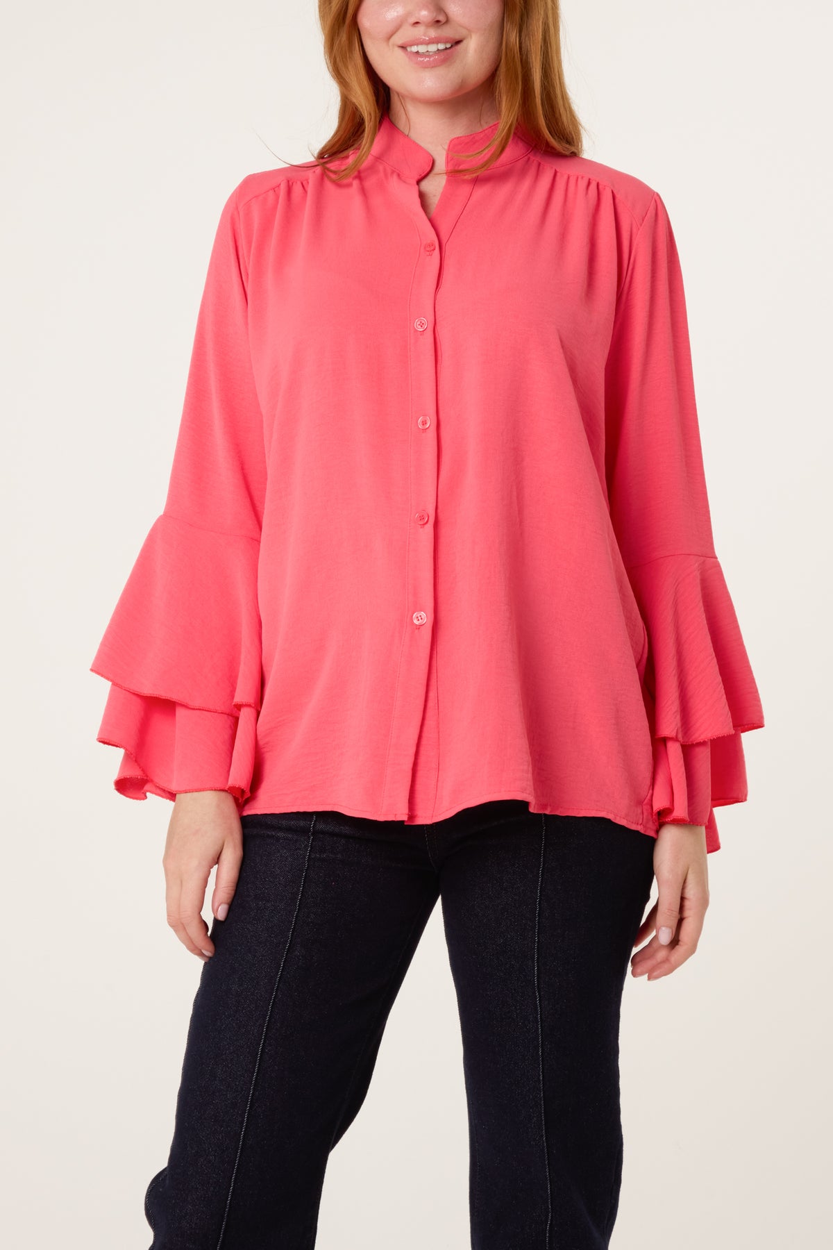 Pleated Sleeve Grandad Collar Blouse