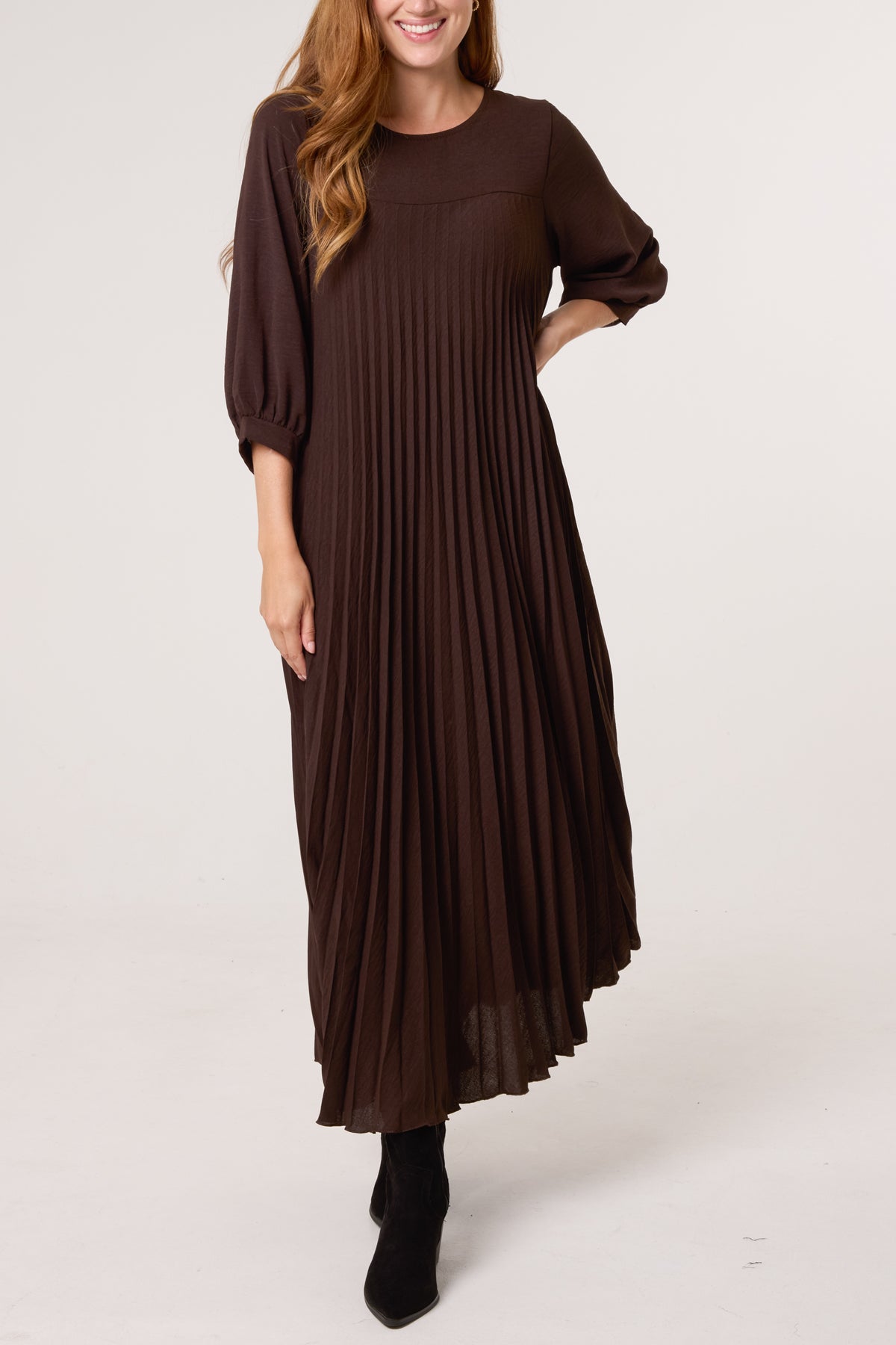 Long Sleeve Pockets Pleated Maxi Dress