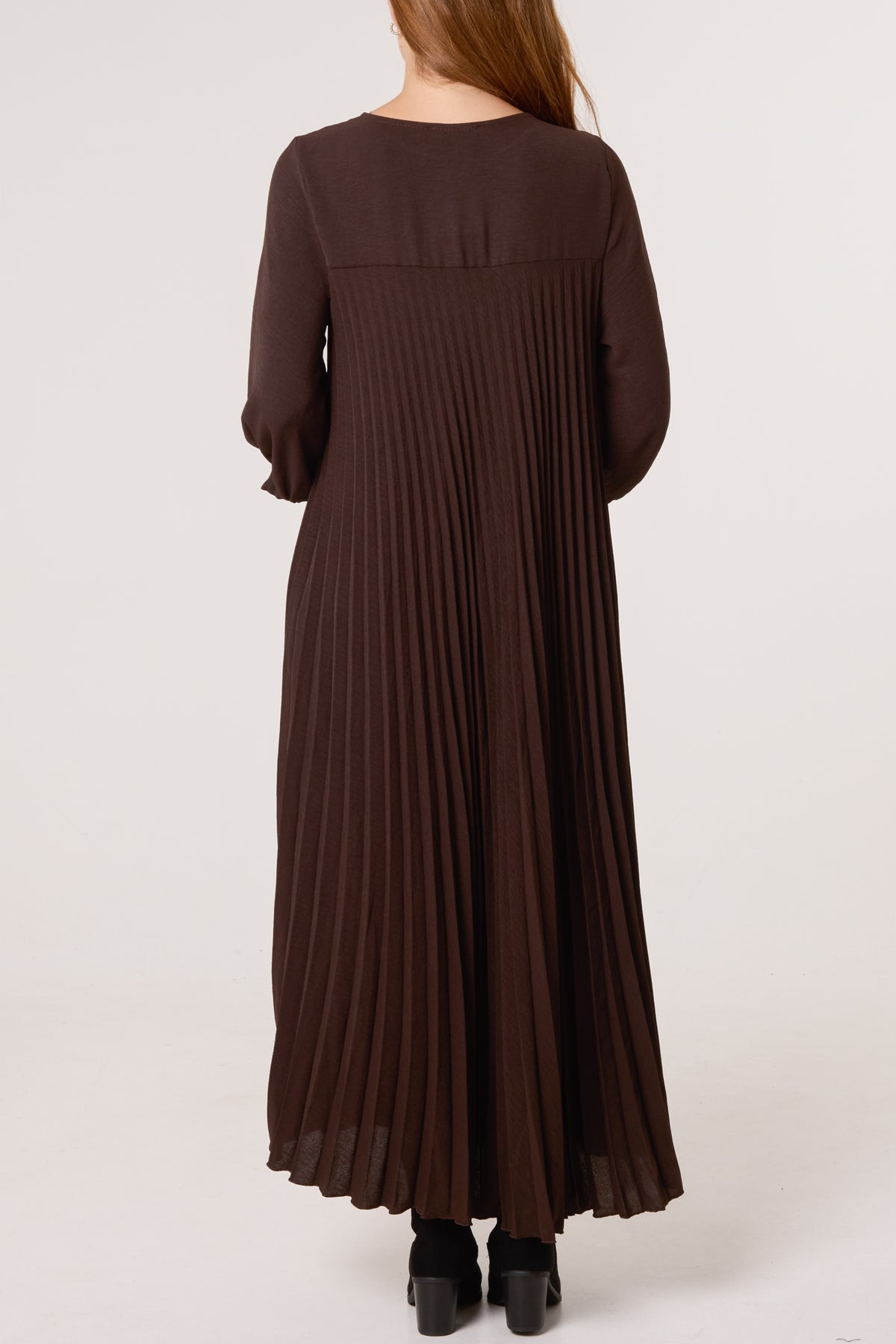 Long Sleeve Pockets Pleated Maxi Dress
