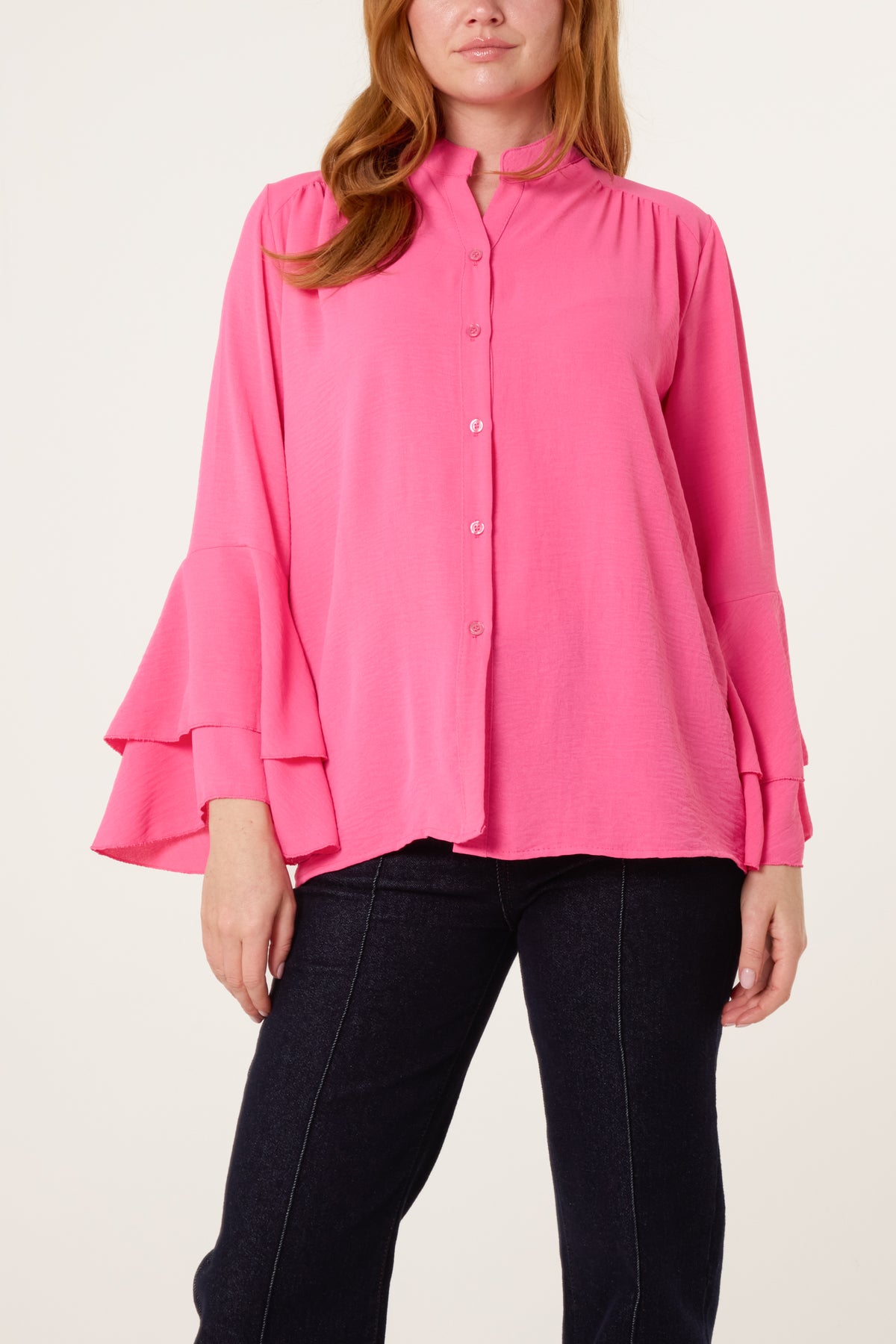 Pleated Sleeve Grandad Collar Blouse