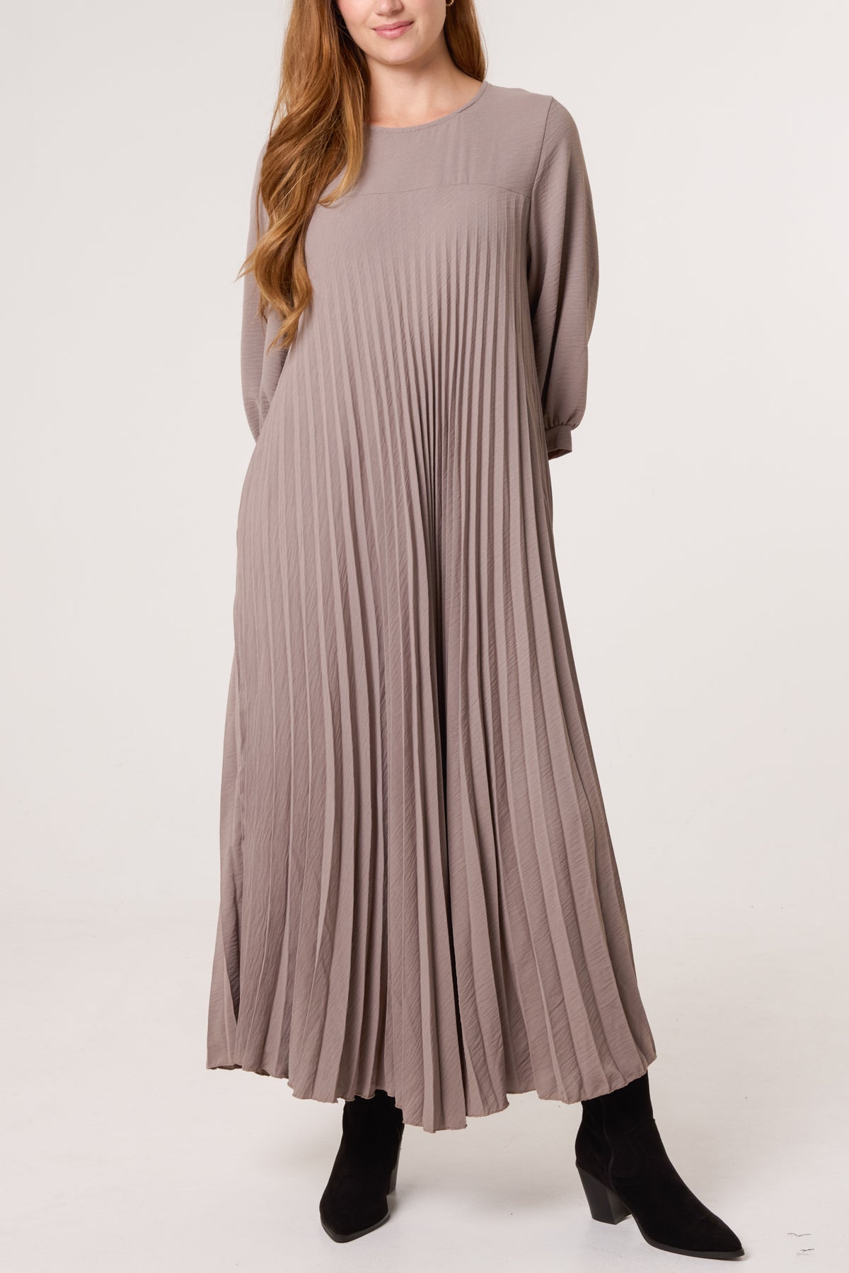 Long Sleeve Pockets Pleated Maxi Dress