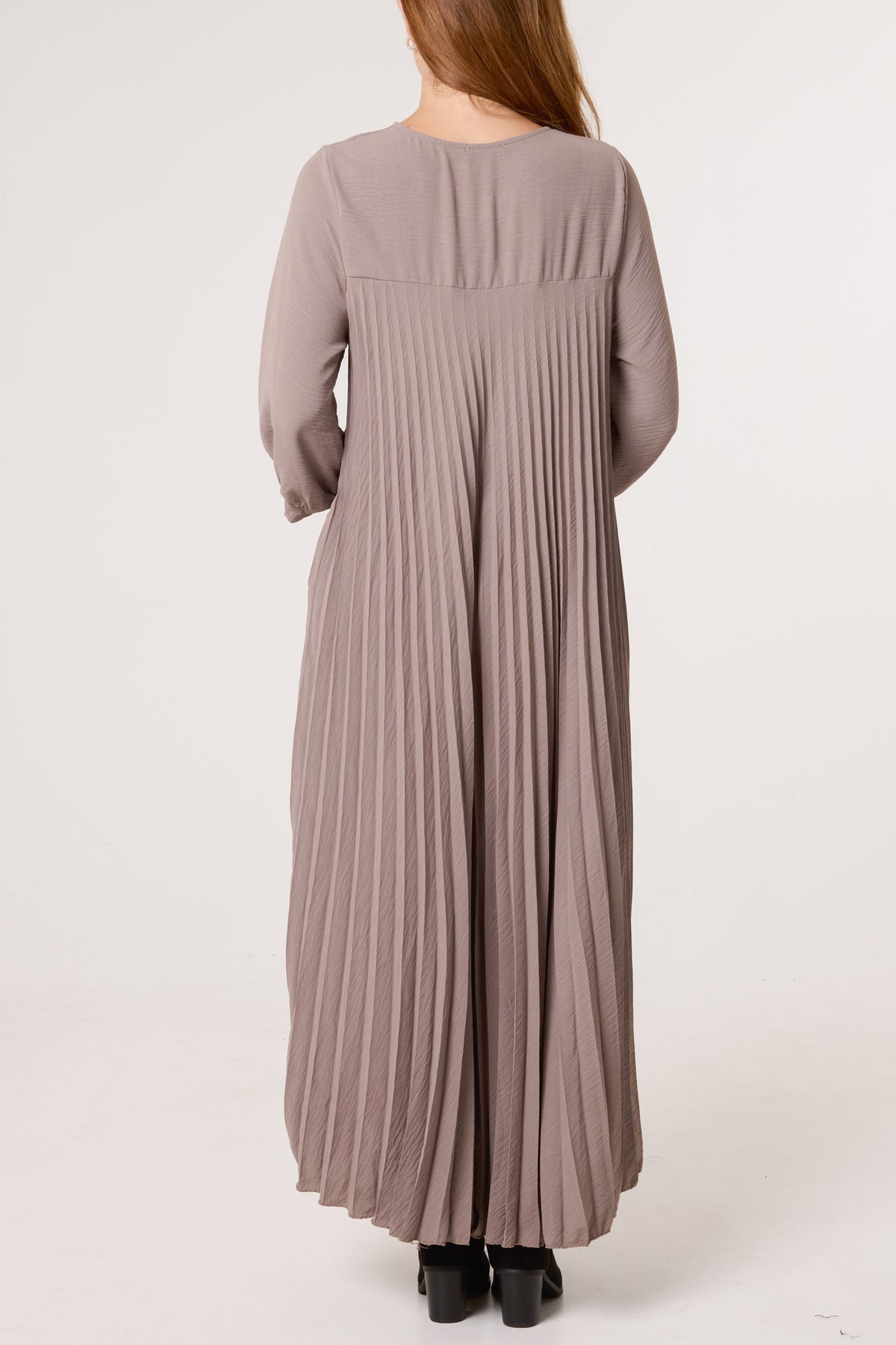Long Sleeve Pockets Pleated Maxi Dress