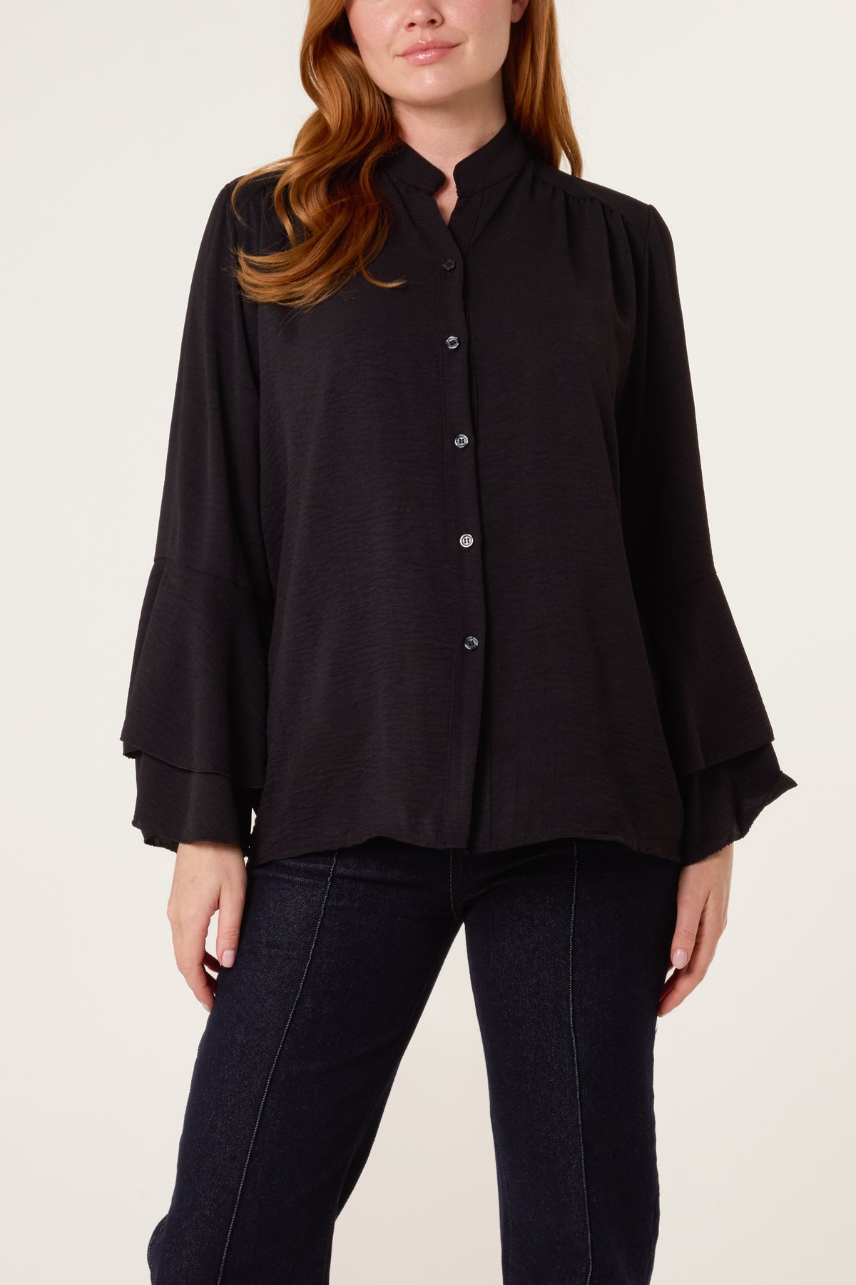 Pleated Sleeve Grandad Collar Blouse
