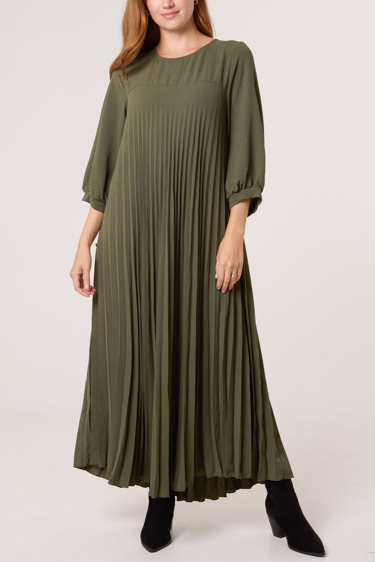 Long Sleeve Pockets Pleated Maxi Dress