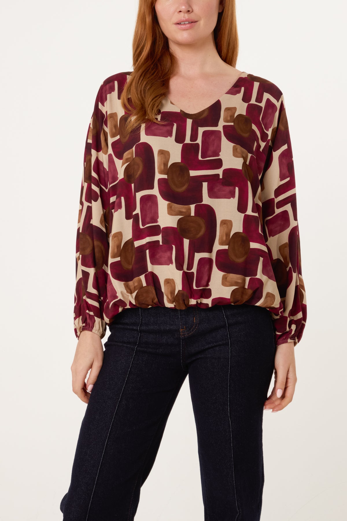 V-Neck Bubble Hem Geometric Blouse