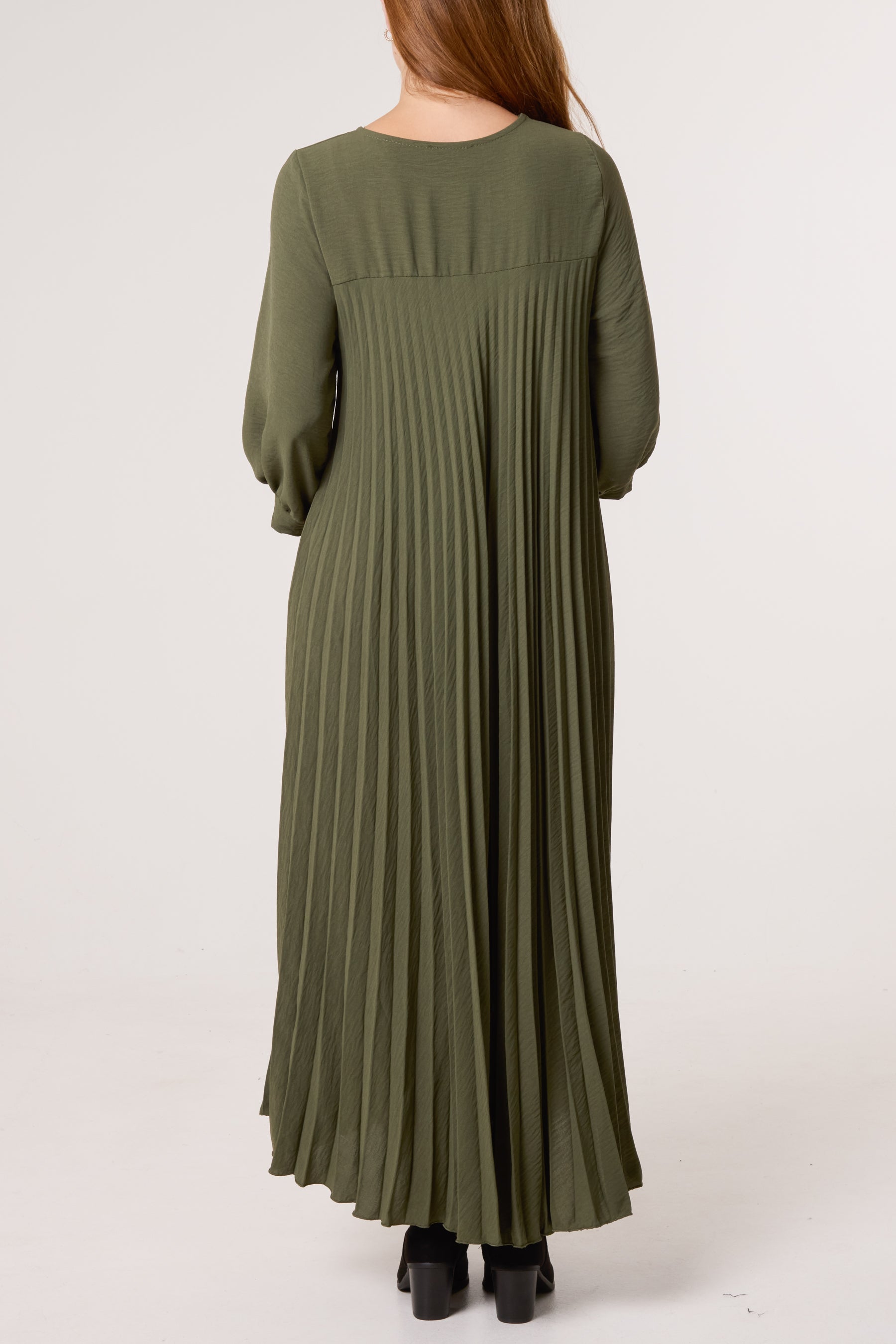 Long Sleeve Pockets Pleated Maxi Dress