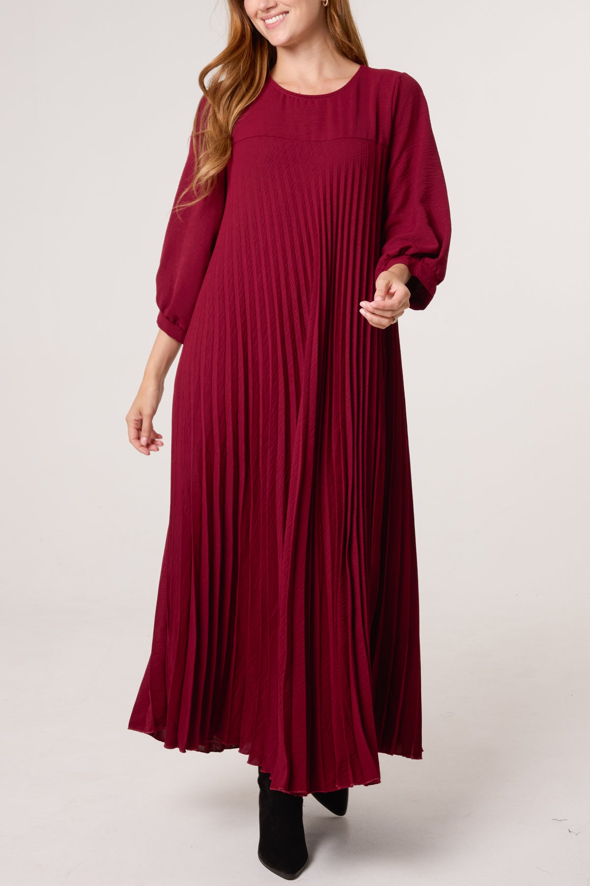 Long Sleeve Pockets Pleated Maxi Dress