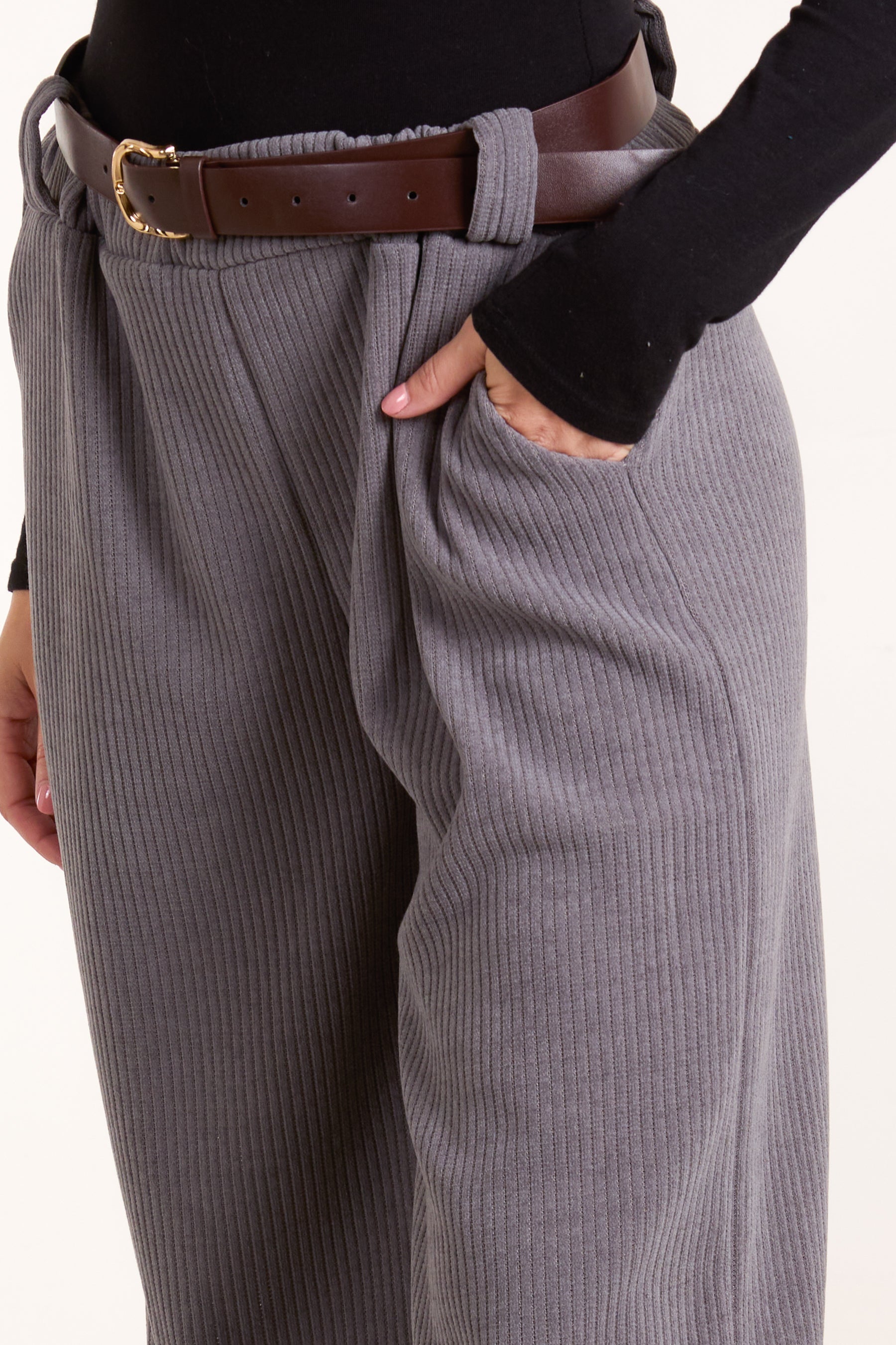 Rib Knit Straight Leg Belted Trouser