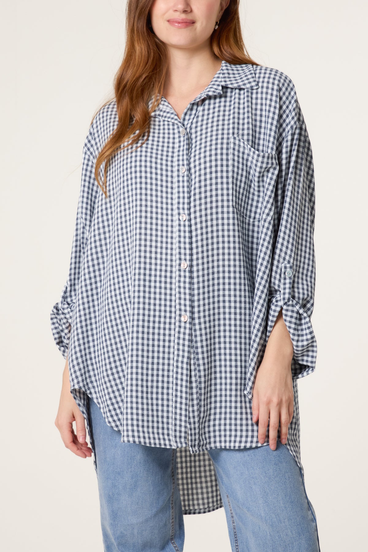 Gingham Asymmetric Longline Cotton Shirt