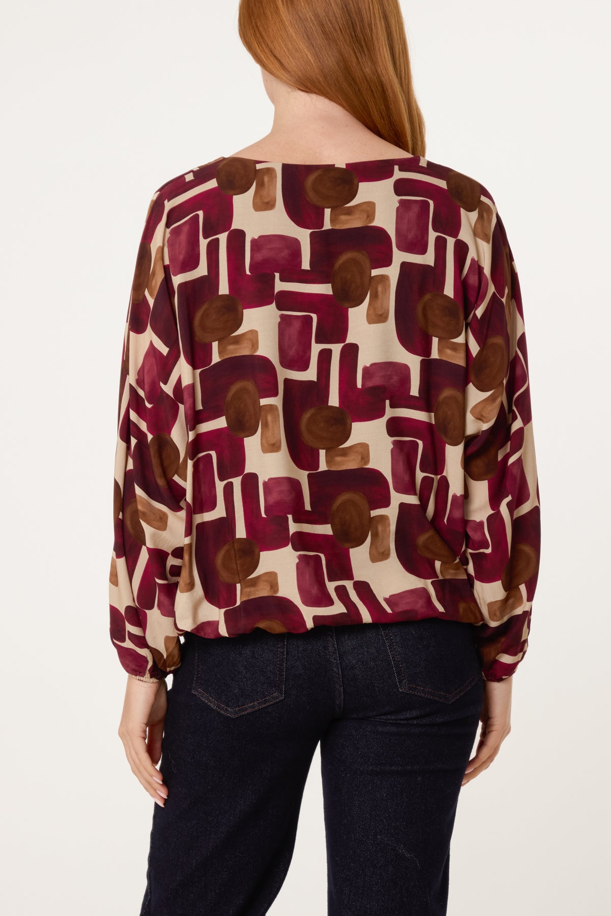 V-Neck Bubble Hem Geometric Blouse