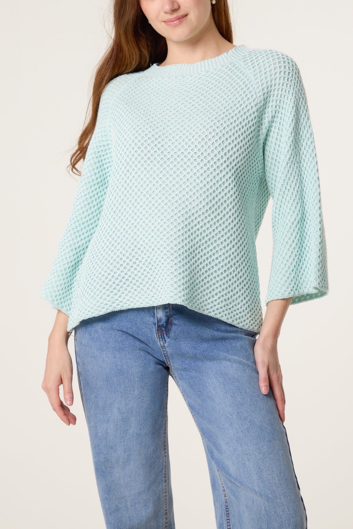 3D Knit Round Neck 3/4 Sleeve Jumper