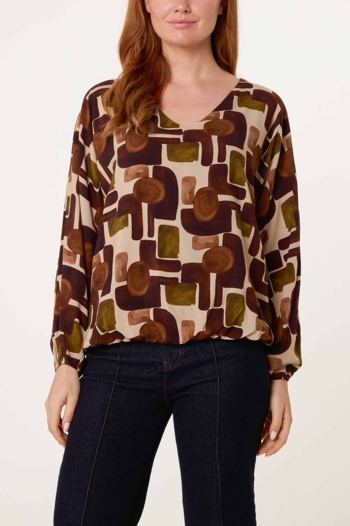 V-Neck Bubble Hem Geometric Blouse