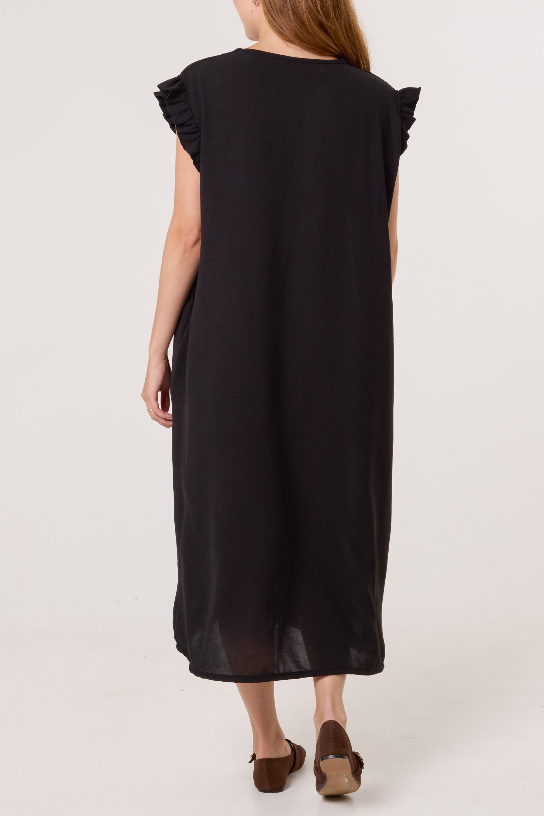 Frill Sleeve Pockets Midi Dress