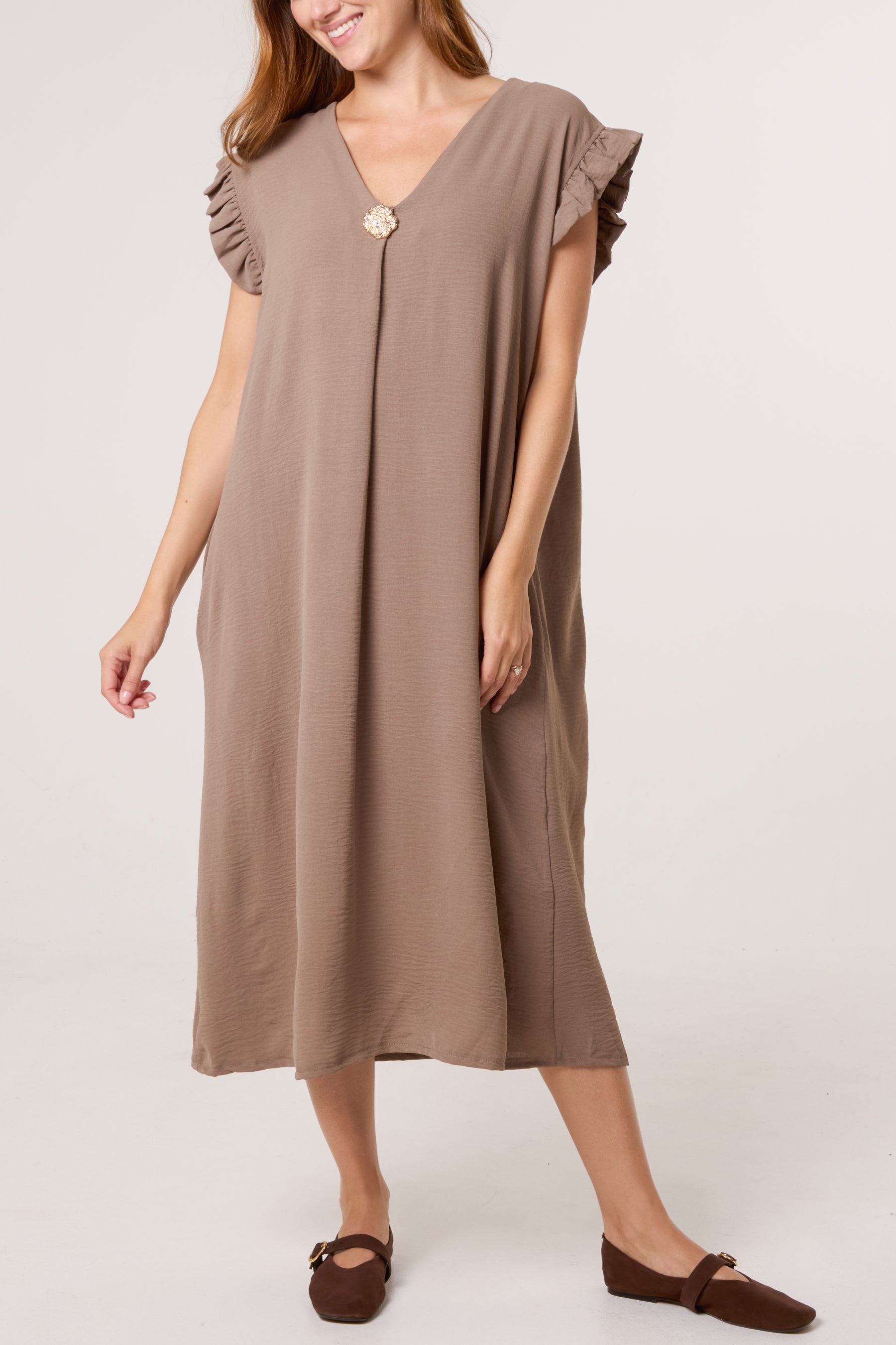 Frill Sleeve Pockets Midi Dress