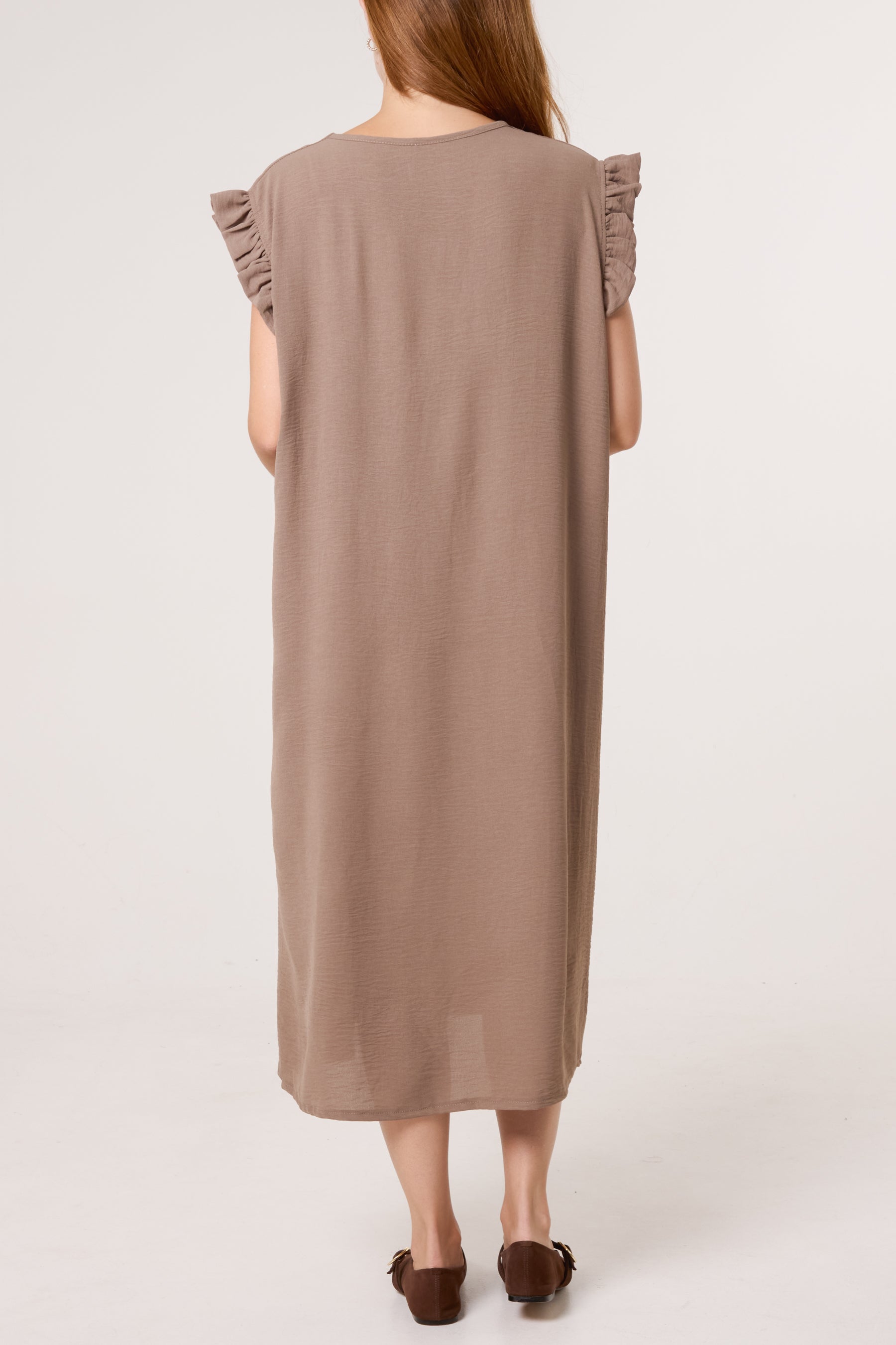 Frill Sleeve Pockets Midi Dress