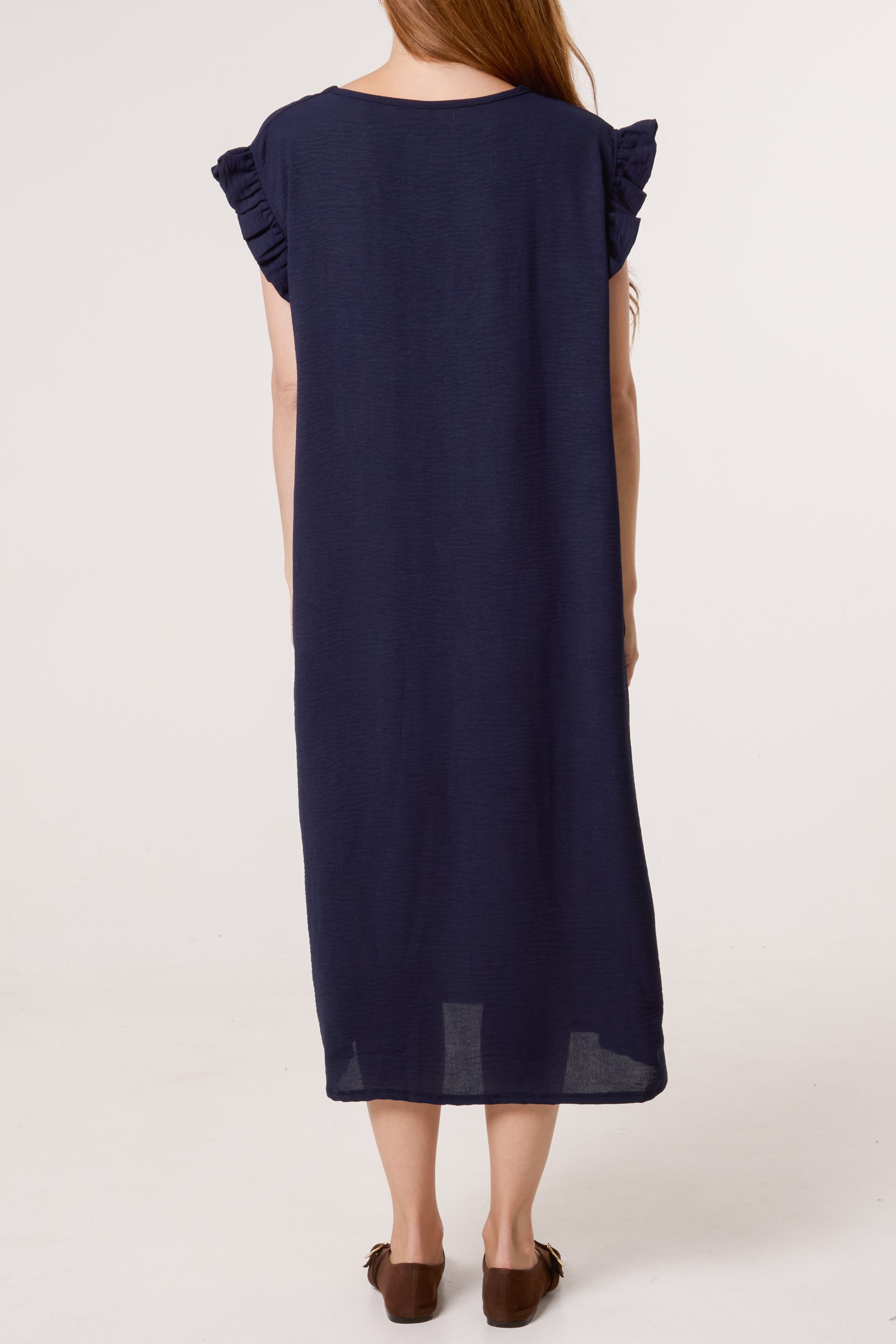 Frill Sleeve Pockets Midi Dress