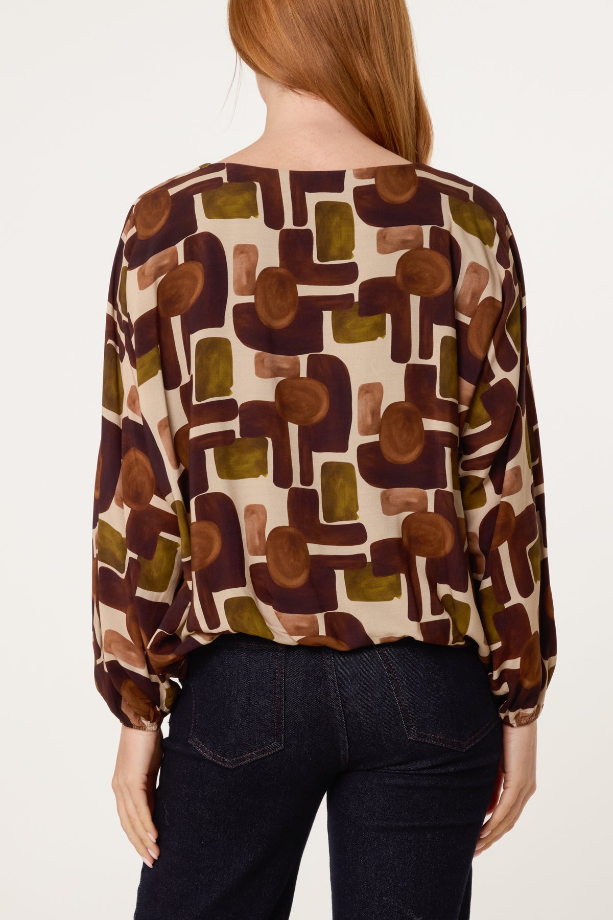 V-Neck Bubble Hem Geometric Blouse