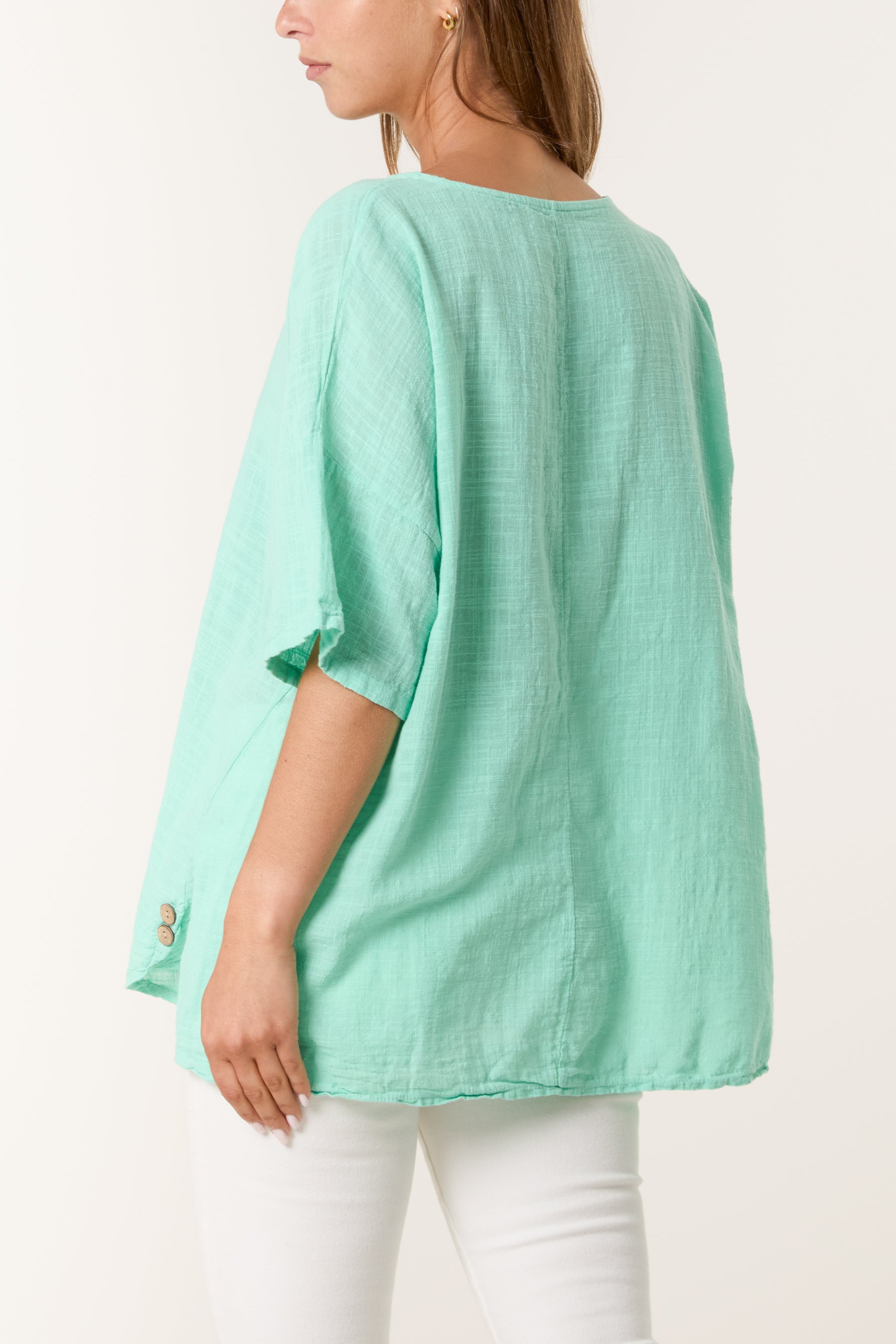 Round Neck Button Detail Cotton Top