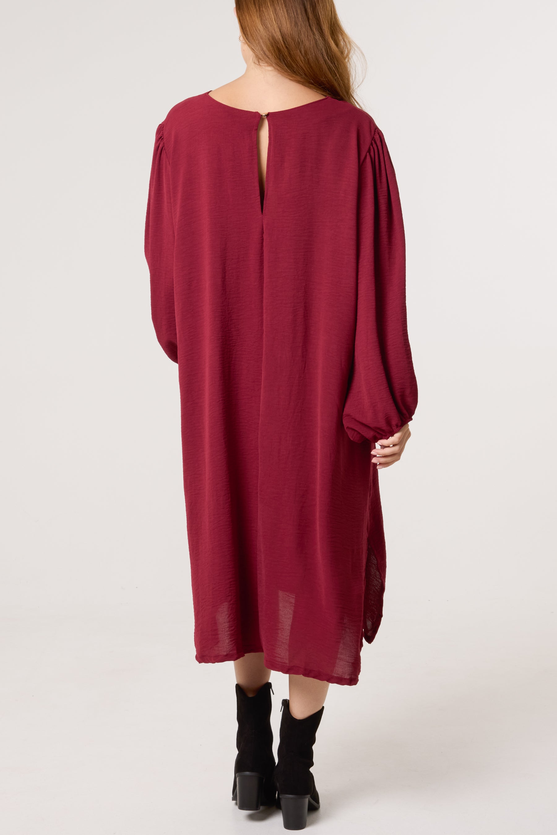 V-Neck Puffball Sleeve Midi Dress