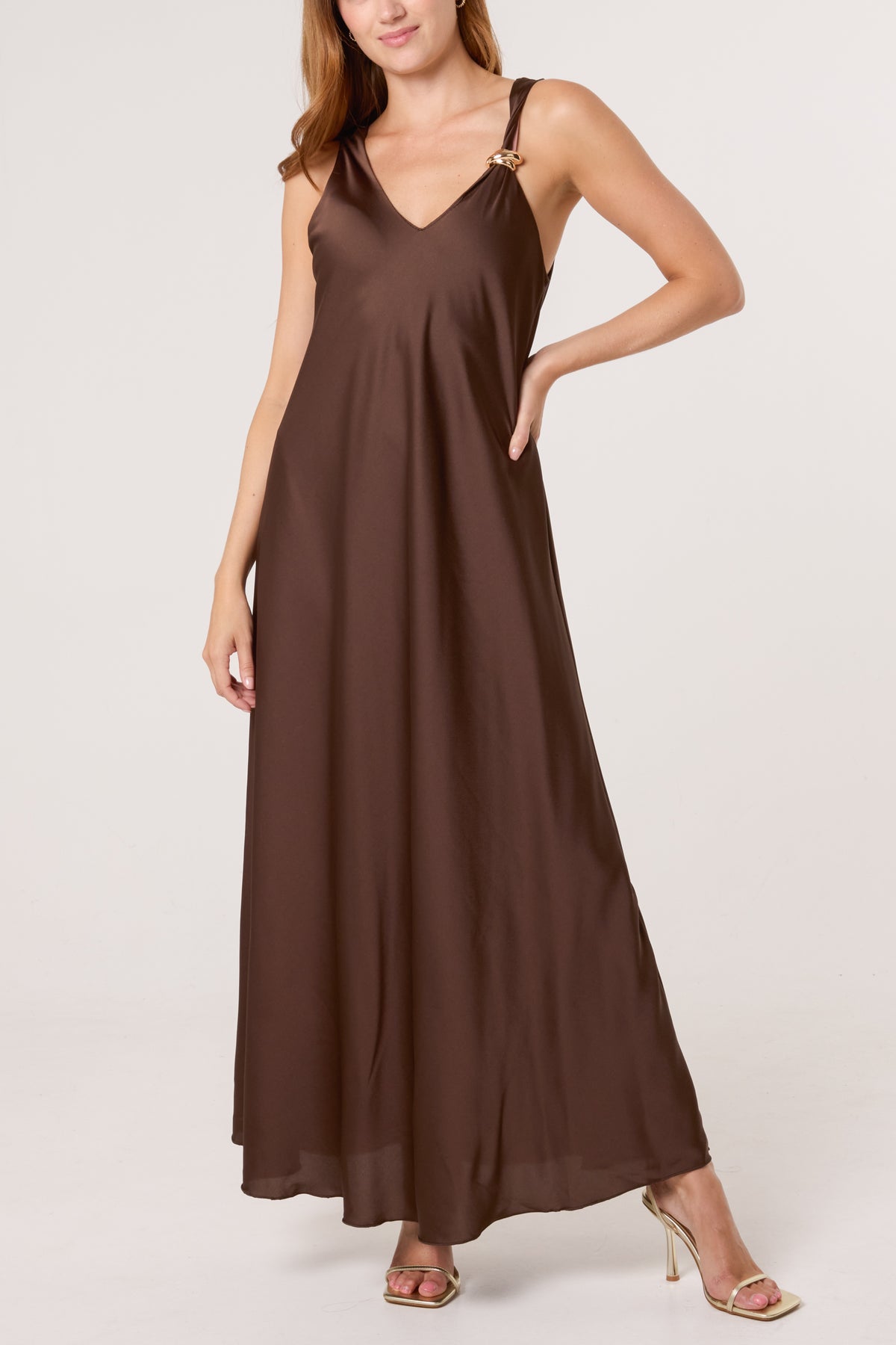 Strap Gold Detail Satin Maxi Dress