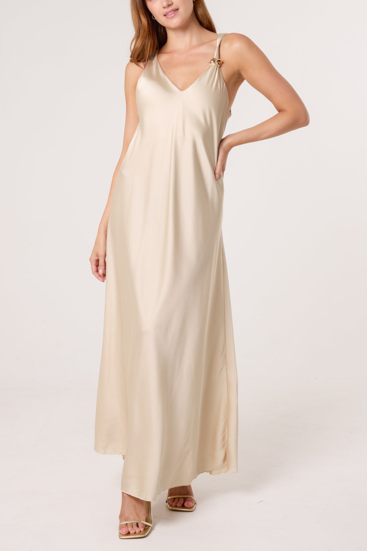 Strap Gold Detail Satin Maxi Dress