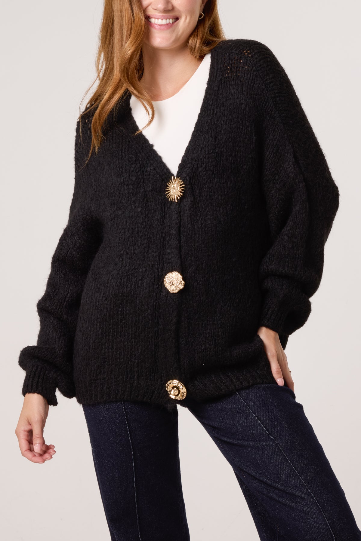 Gold Brooch Button Thick Knit Cardigan