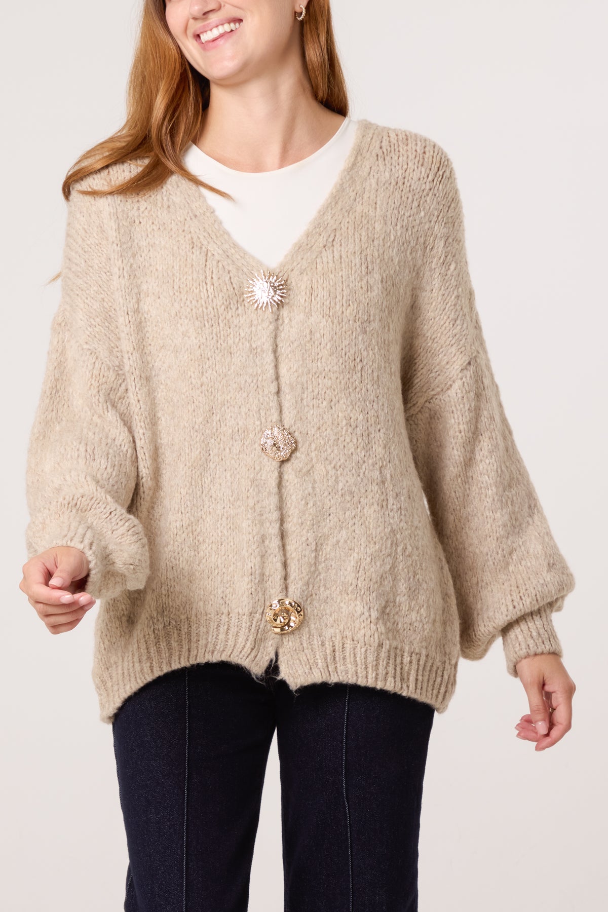 Gold Brooch Button Thick Knit Cardigan