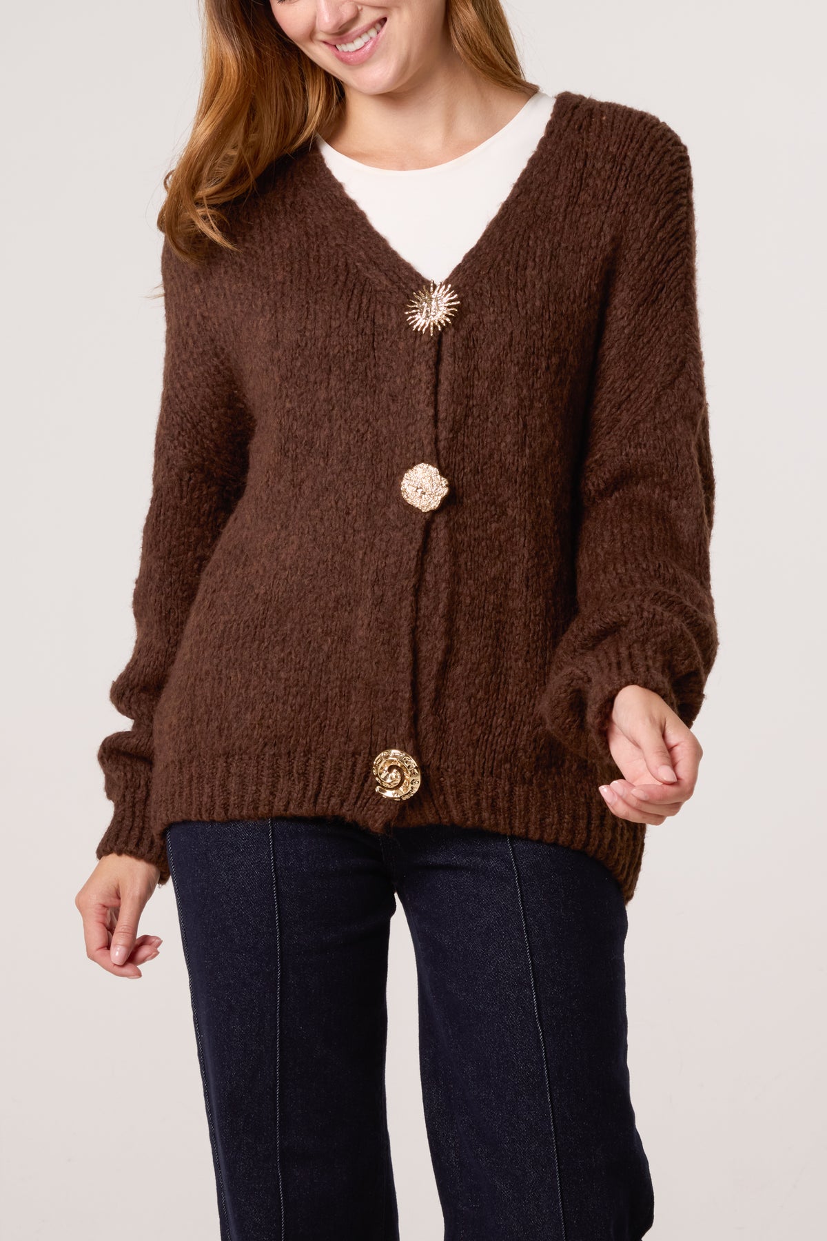 Gold Brooch Button Thick Knit Cardigan