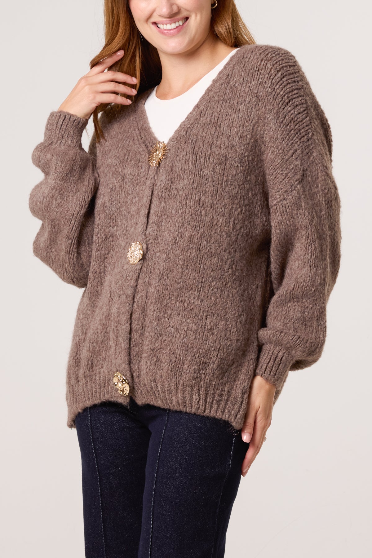 Gold Brooch Button Thick Knit Cardigan