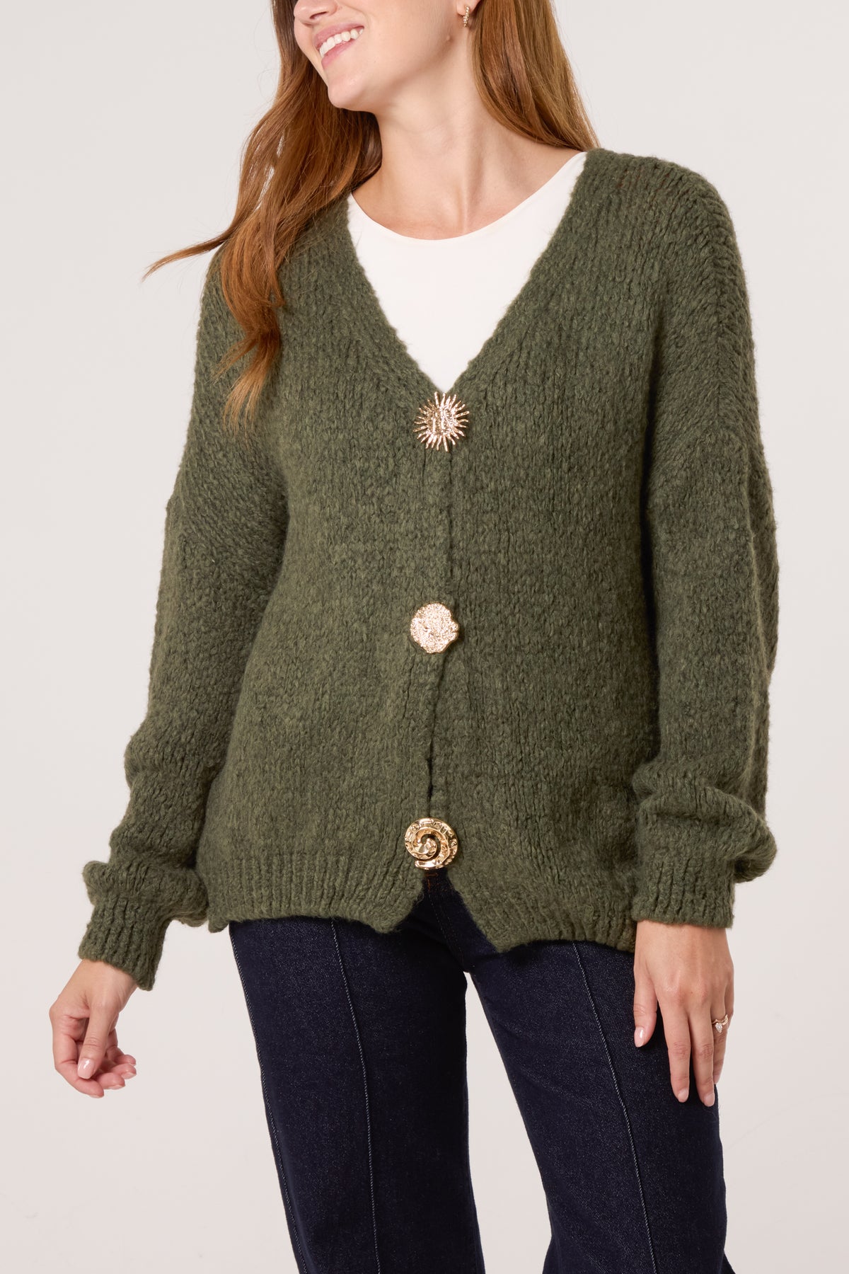 Gold Brooch Button Thick Knit Cardigan