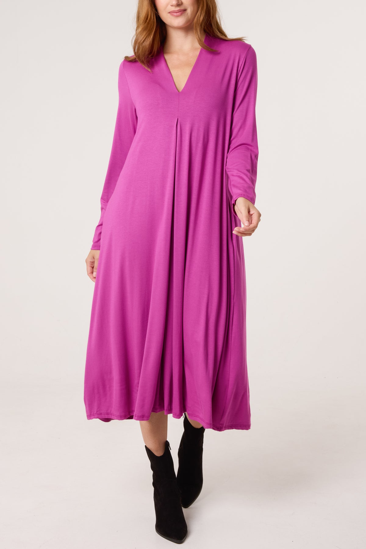 Jersey V-Neck Long Sleeve Midi Dress