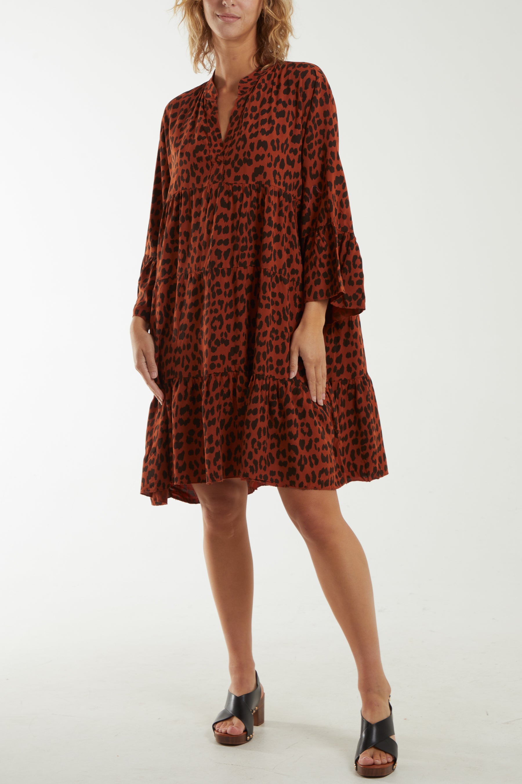 Long Sleeve Tiered Leopard Print Dress
