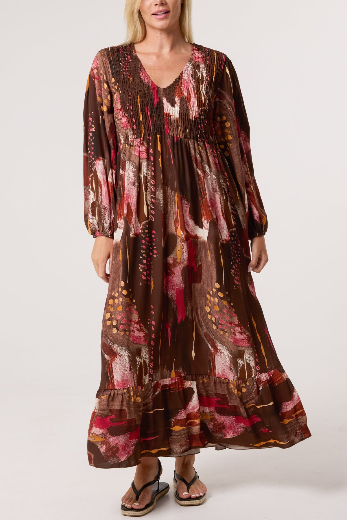 Multi Print Shirred Bust Midi Dress