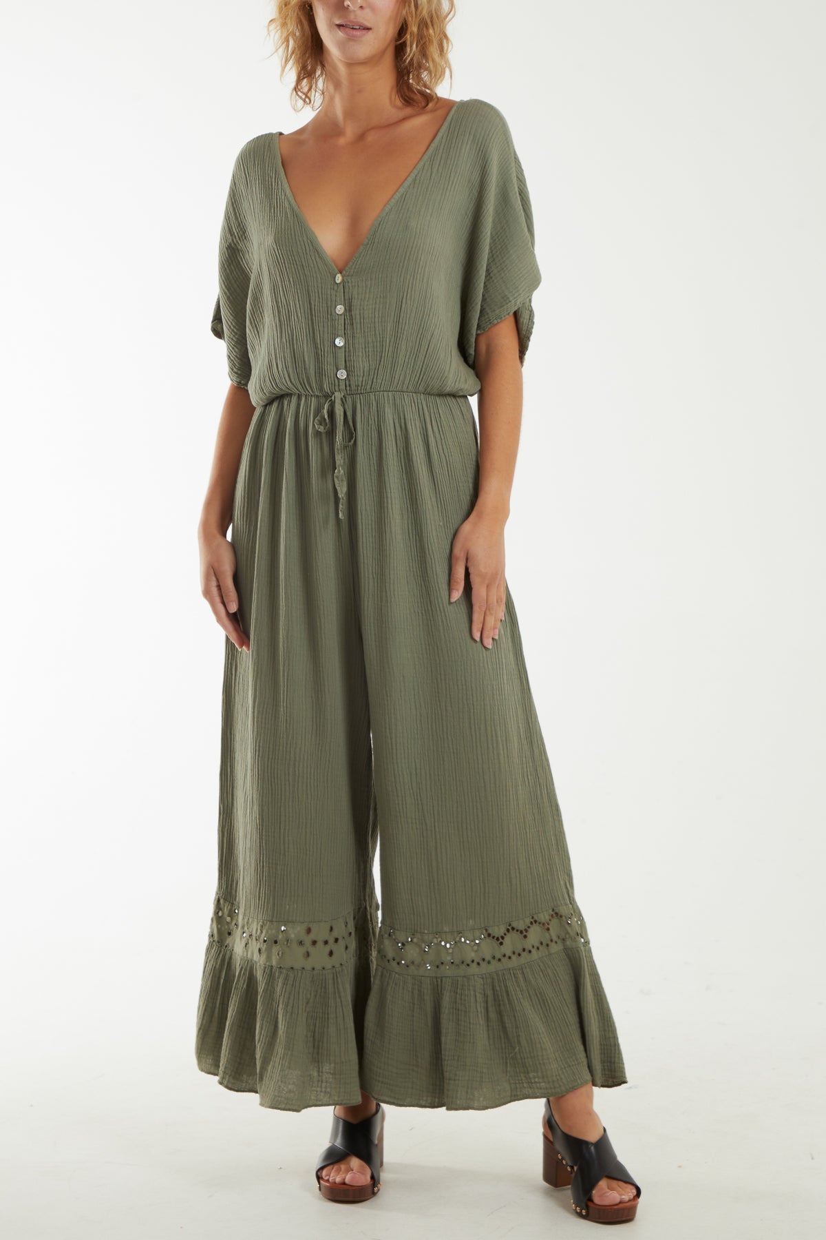 V-Neck Cheesecloth Jumpsuit Broderie Detail