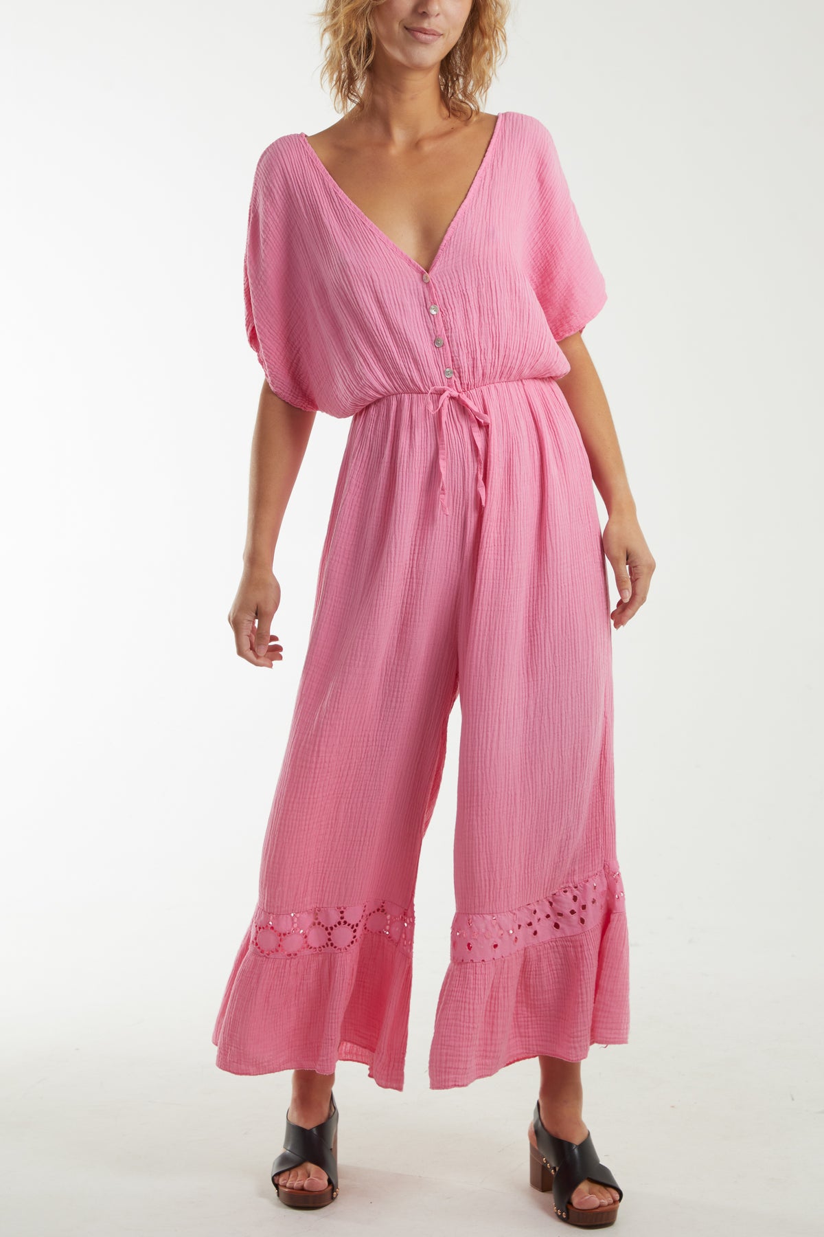 V-Neck Cheesecloth Jumpsuit Broderie Detail