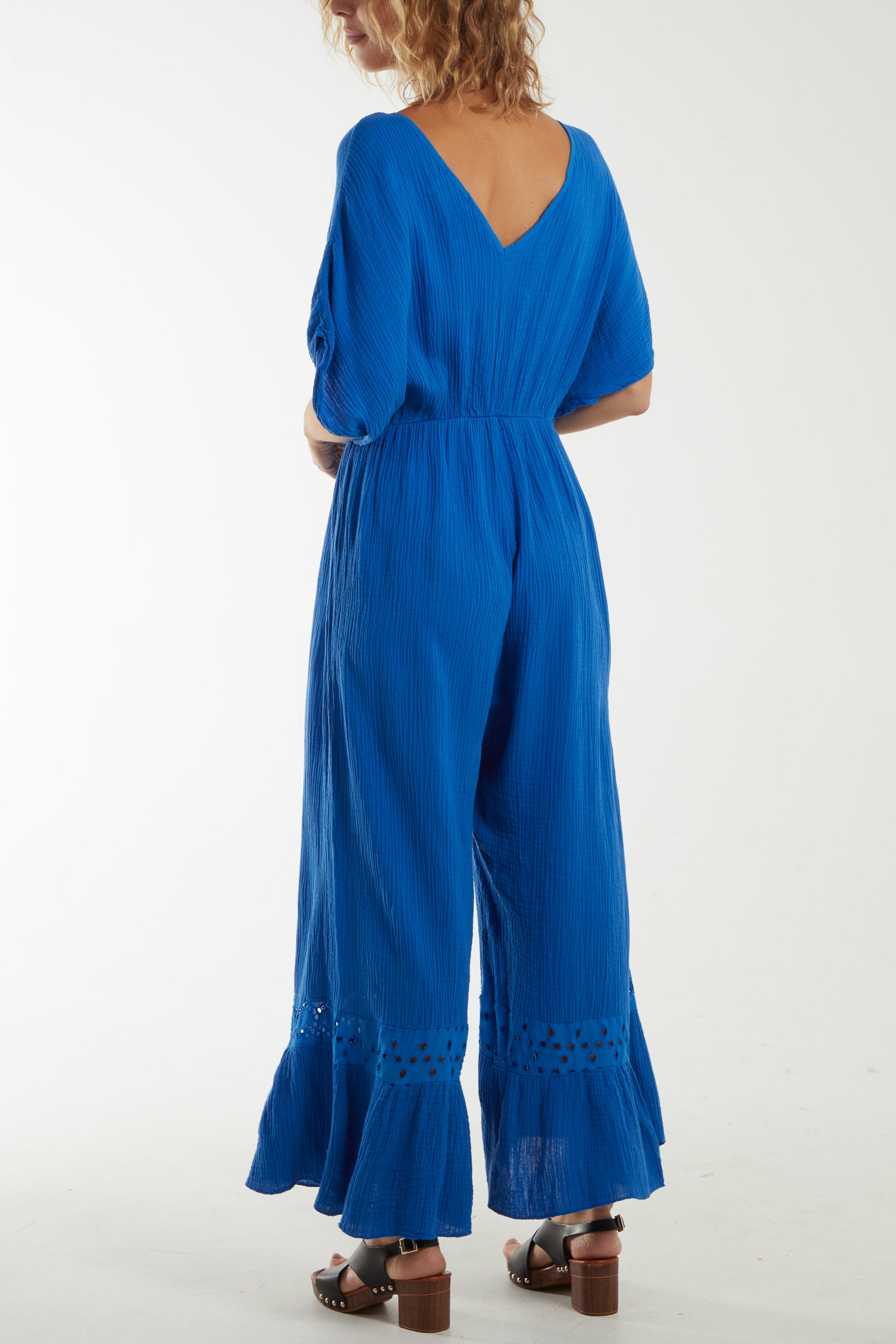 V-Neck Cheesecloth Jumpsuit Broderie Detail
