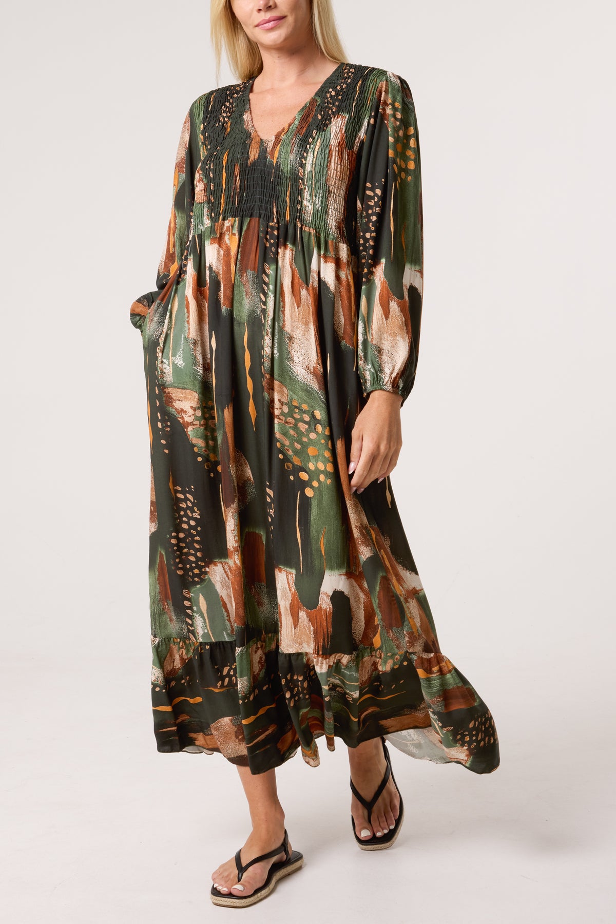 Multi Print Shirred Bust Midi Dress