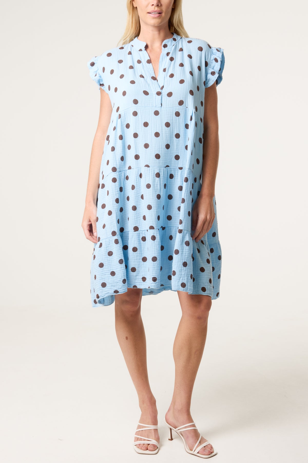 Polka Dot Frill Sleeve Tiered Mini Dress