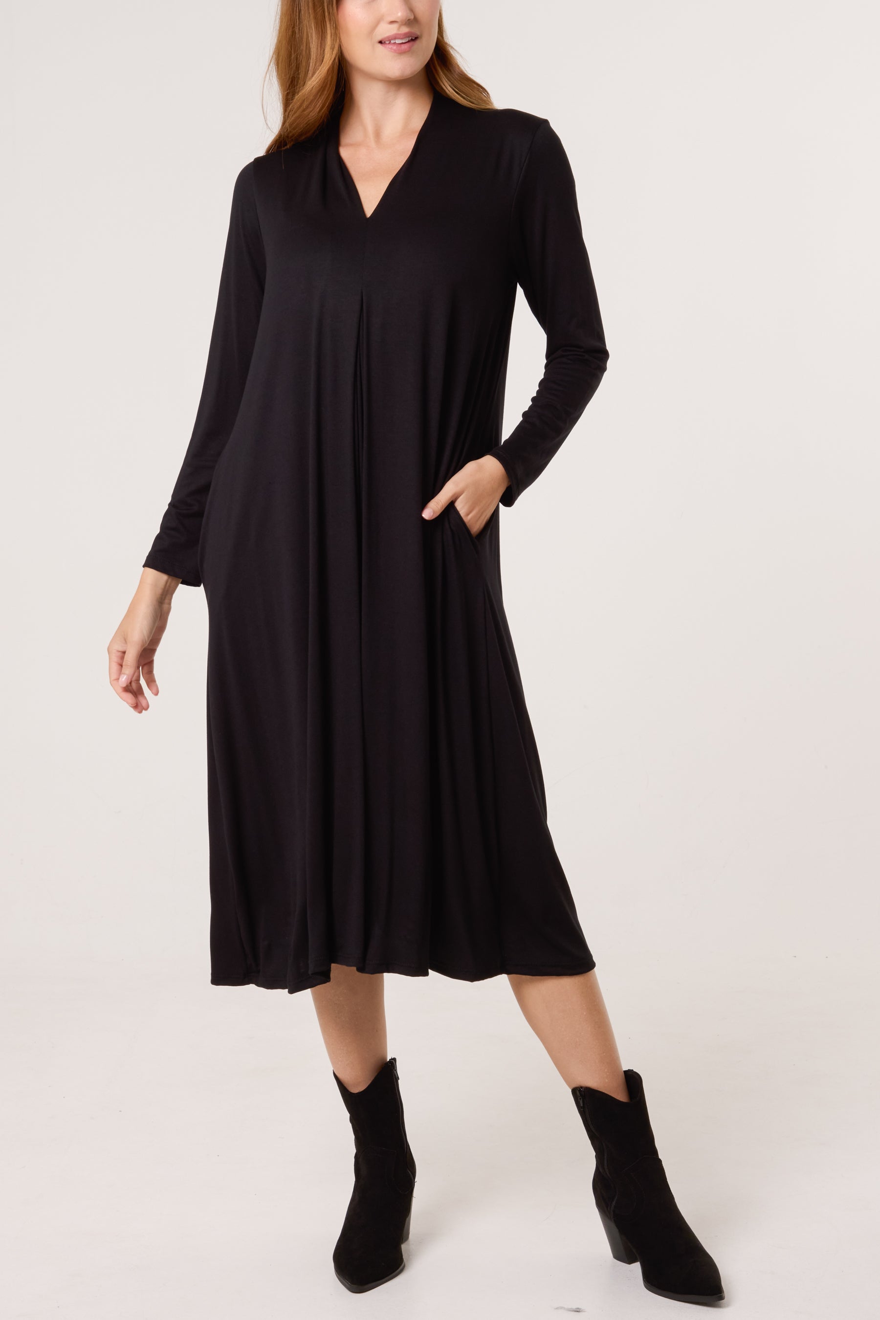 Jersey V-Neck Long Sleeve Midi Dress