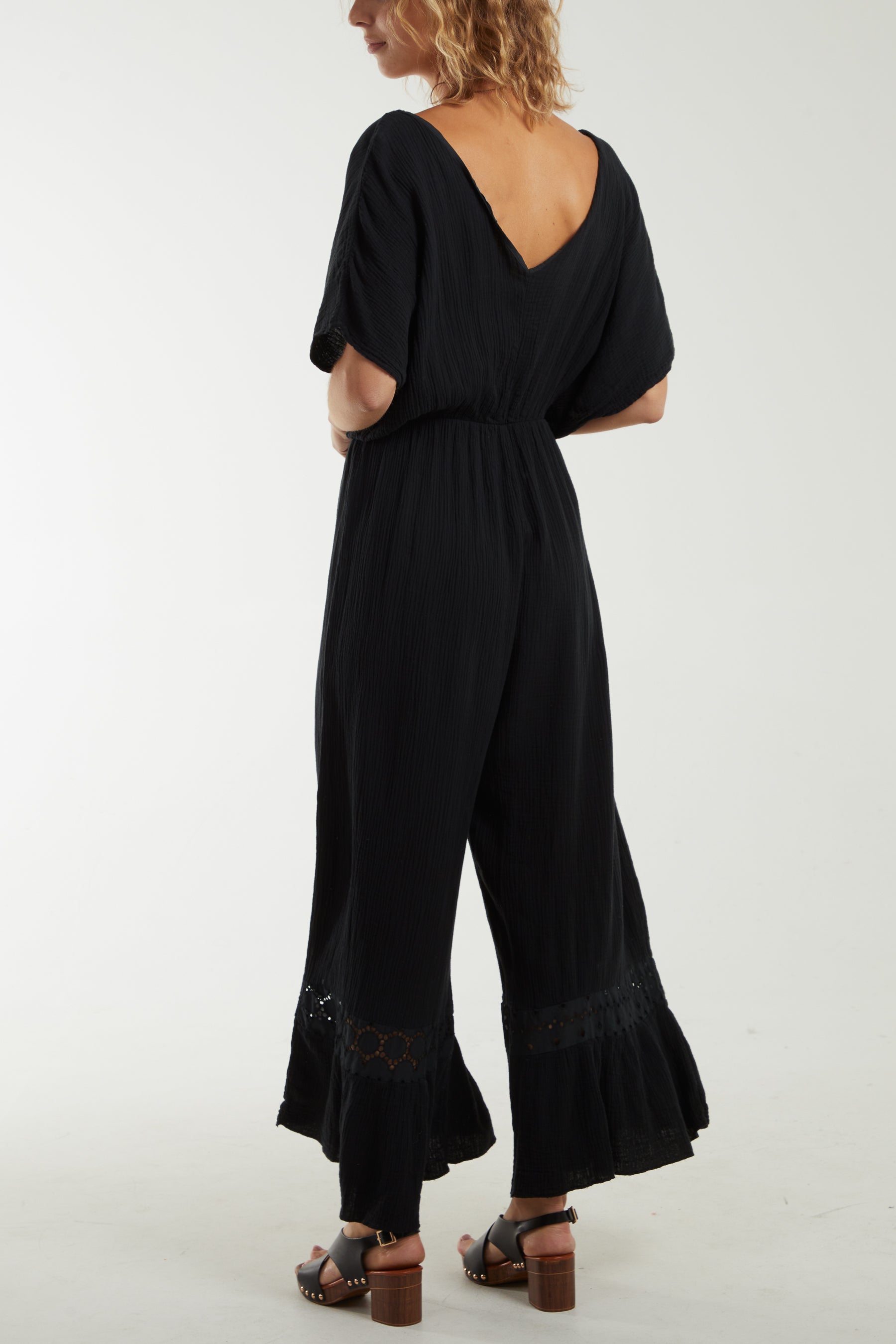V-Neck Cheesecloth Jumpsuit Broderie Detail