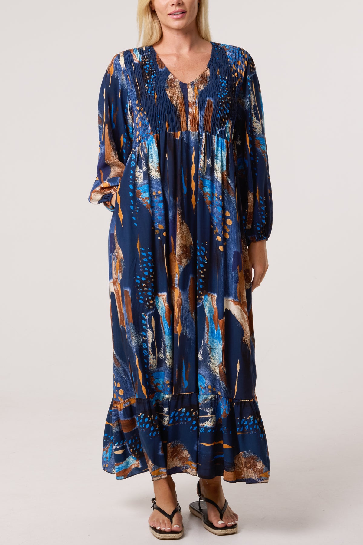 Multi Print Shirred Bust Midi Dress