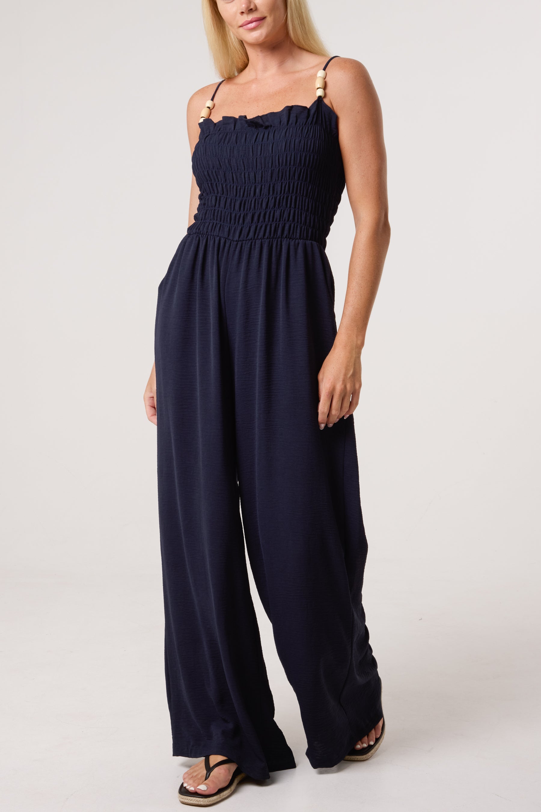 Shirred Bodice Beaded Strap Jumpsuit