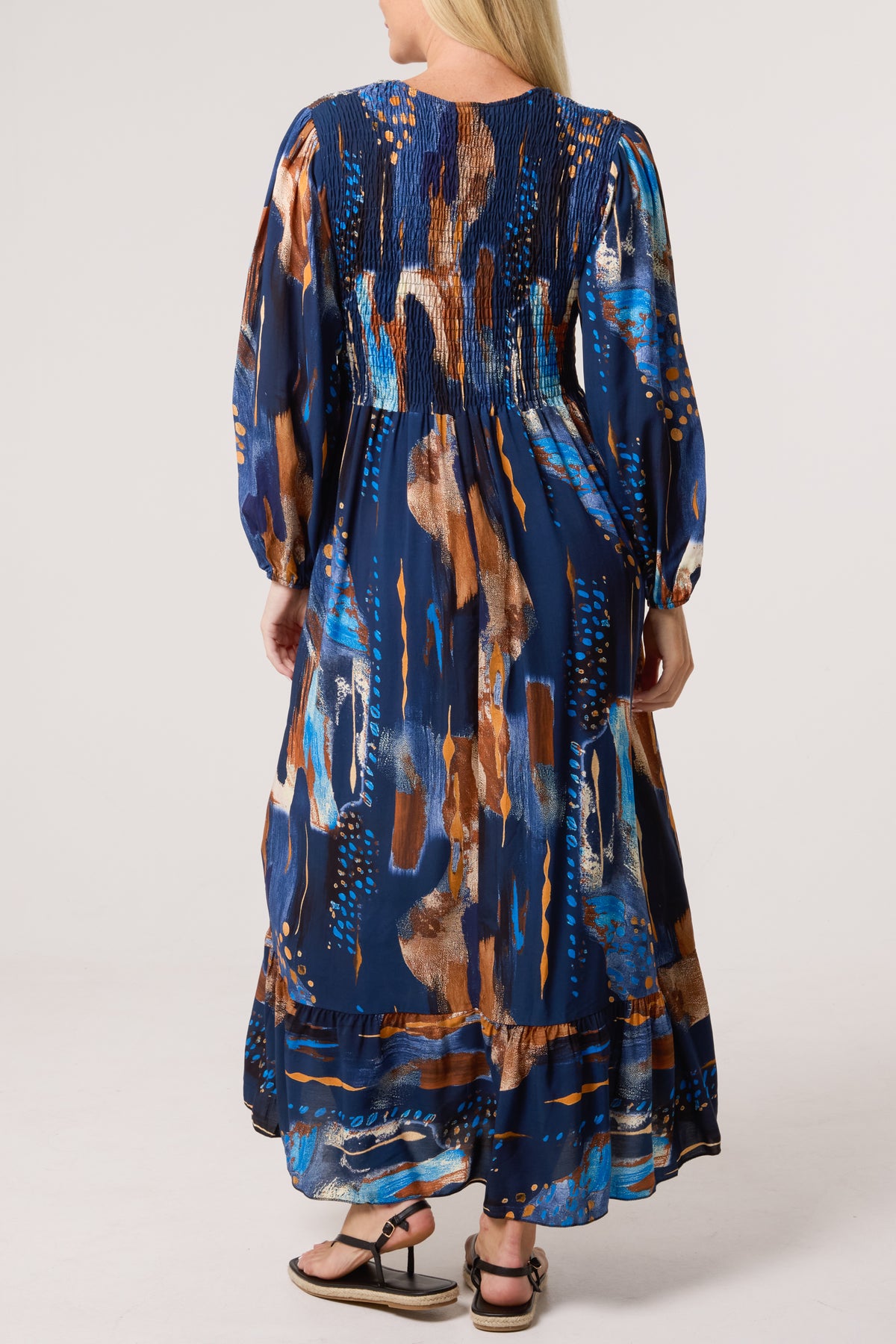 Multi Print Shirred Bust Midi Dress