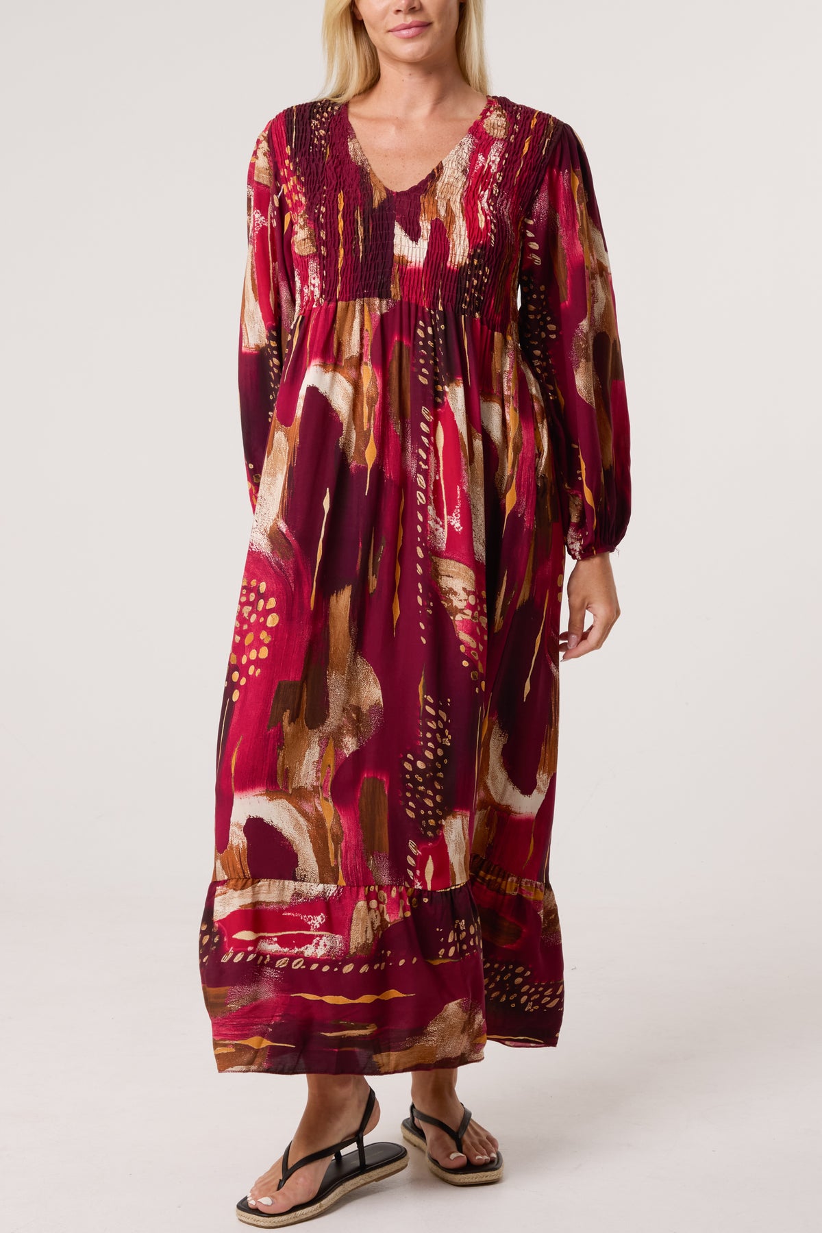 Multi Print Shirred Bust Midi Dress